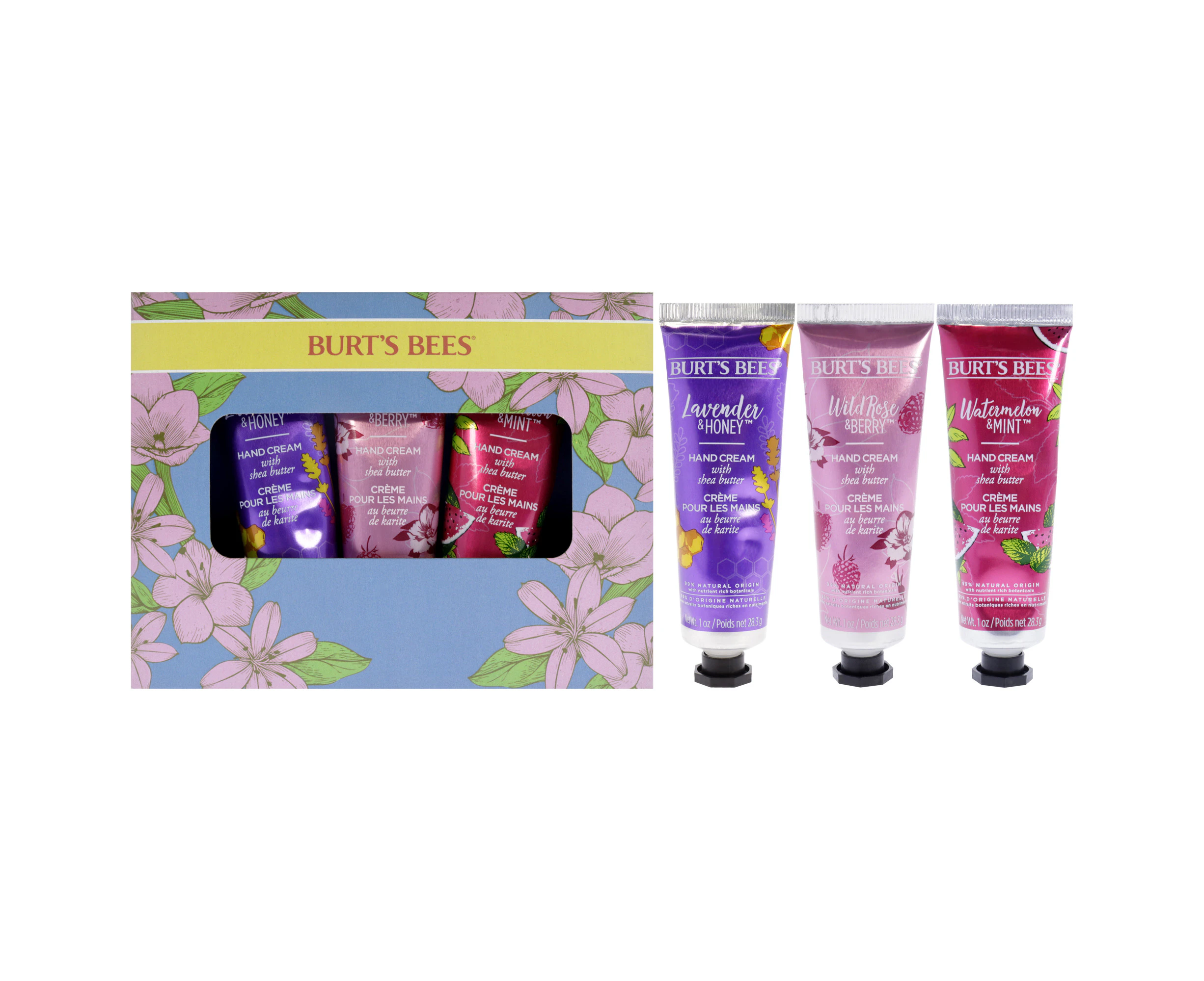 Hand Cream Trio by Burts Bees for Unisex - 3 Pc 1oz Lavender and Honey Hand Cream With Shea Butter, 1oz Wild Rose and Berry Hand Cream With Shea Butter