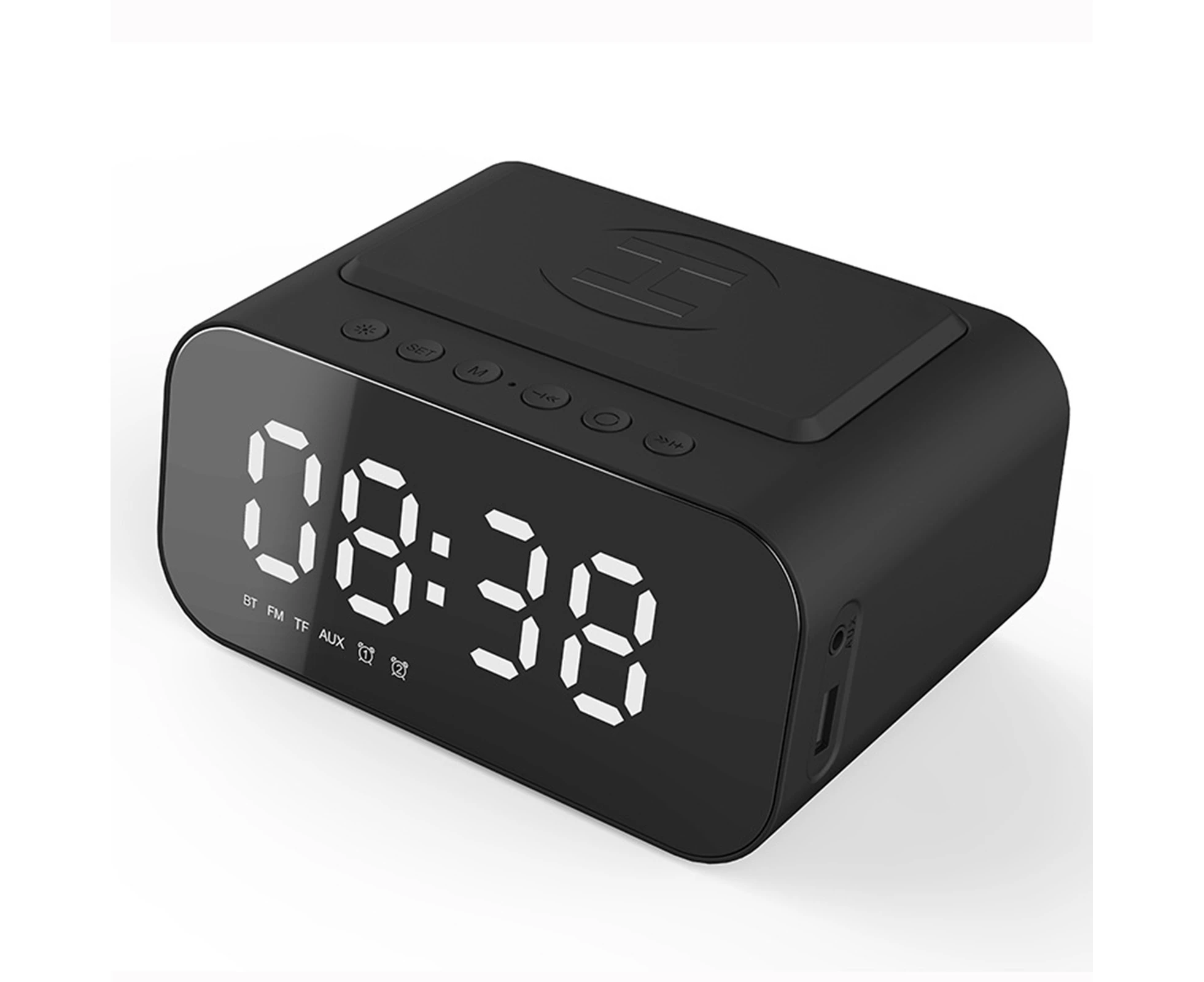 Clock Desktop Speake Wireless BT5.0 Speakers Wireless Charger Alarm Clock FM Radio MP3 Player Support TF Card AUX In Hands-free with Mic Digital Display