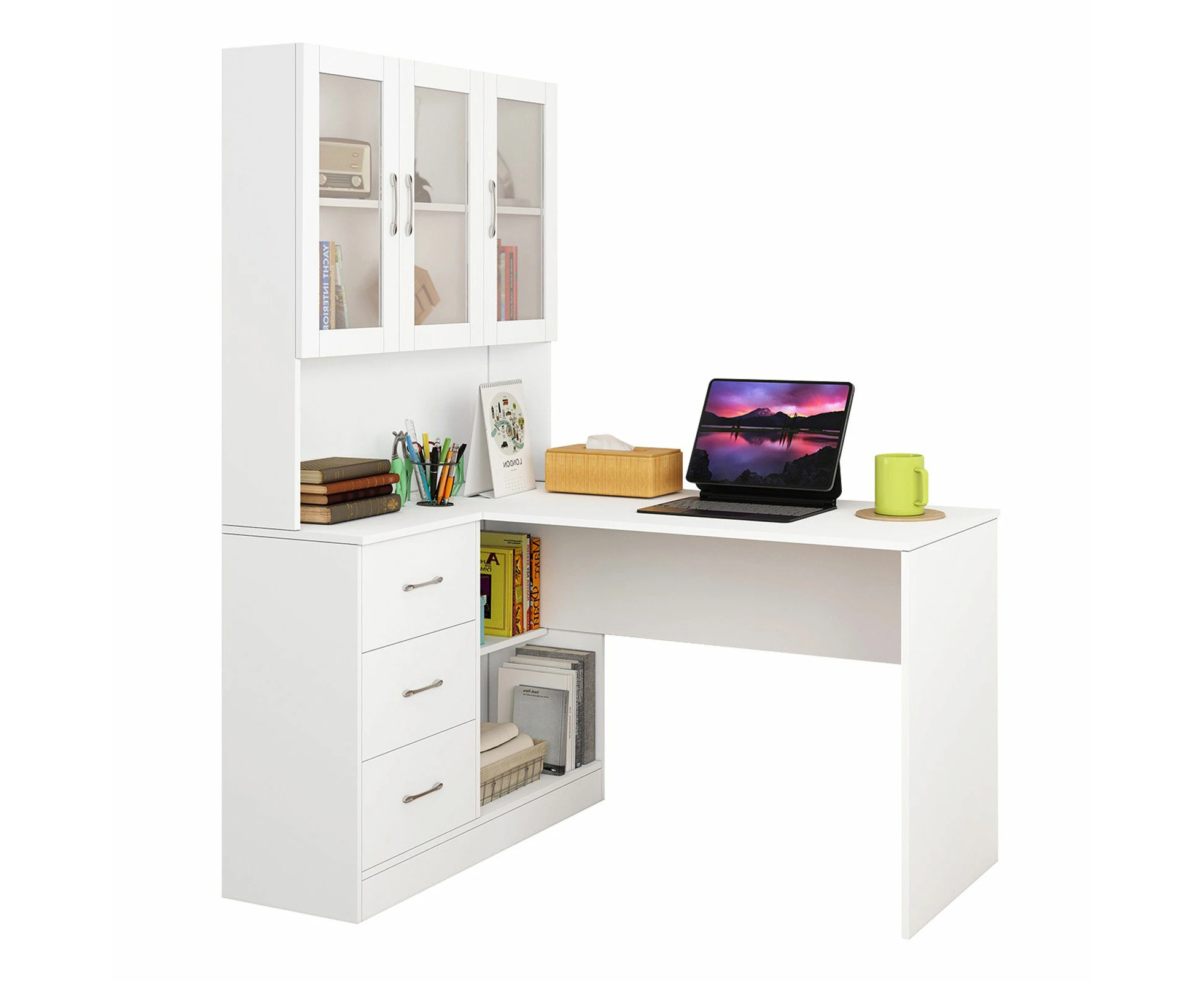 Computer Desk and Bookcase 3in1 Study Writing Laptop Table Shelving Office Bookshelf Drawers Cabinets White