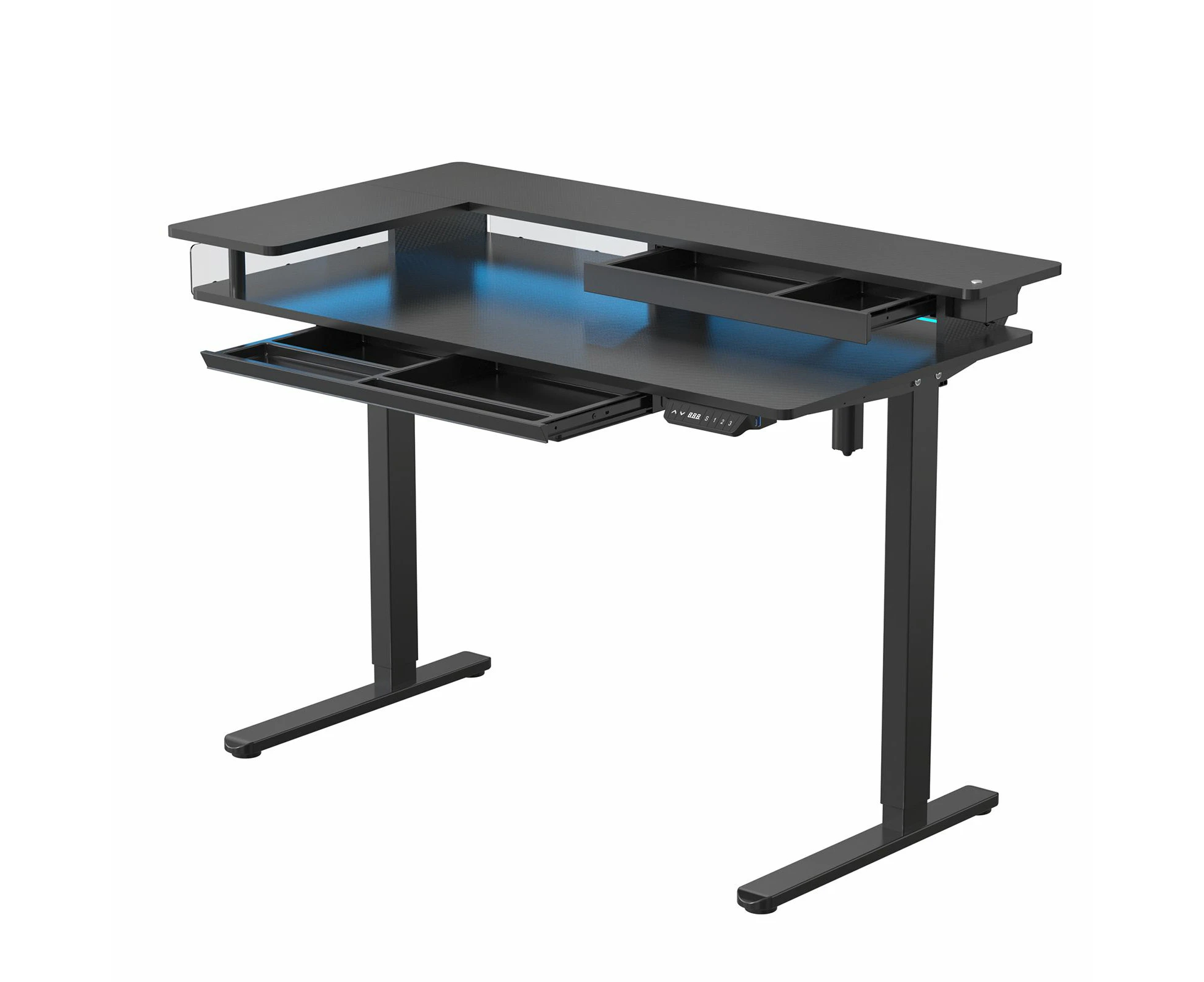 LED Gaming Standing Desk Sit Stand Up Table Electric Motorised Height Adjustable Carbon Fiber RGB Light Monitor Shelf Drawer