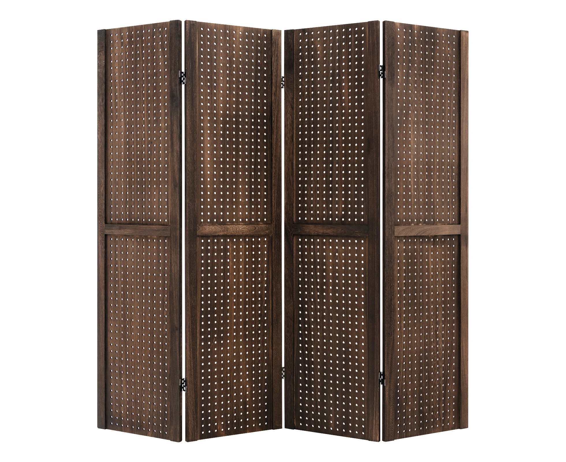 Costway Flexible 4-Panel Pegboard Display Screen Folding Privacy Screen w/Hinges/Wood Frame Portable Bedroom Living Room Divider Brown