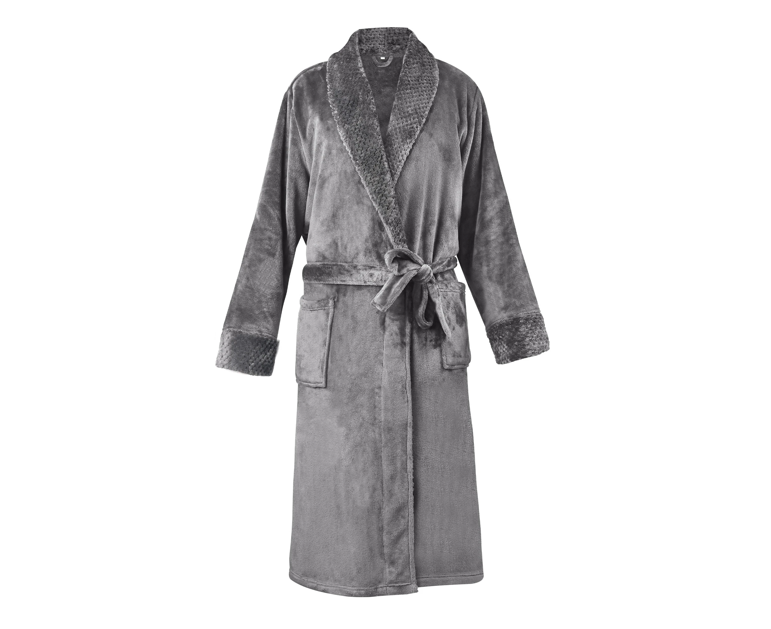 Linenova Warm Flannel Long Soft Bathrobe For Women Men Solid Color Bath Robe - Charcoal