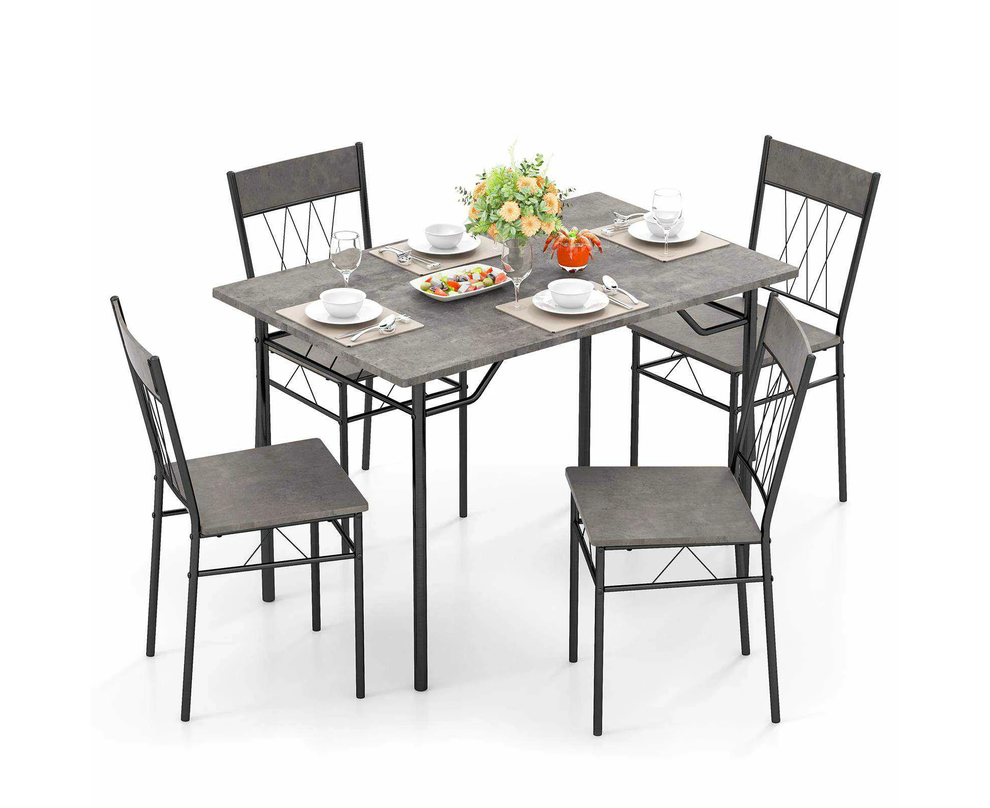 Giantex 5PCS Dining Table &  4 Chairs Kitchen Metal Frame Table Set Space-Saving Dinette Set Grey