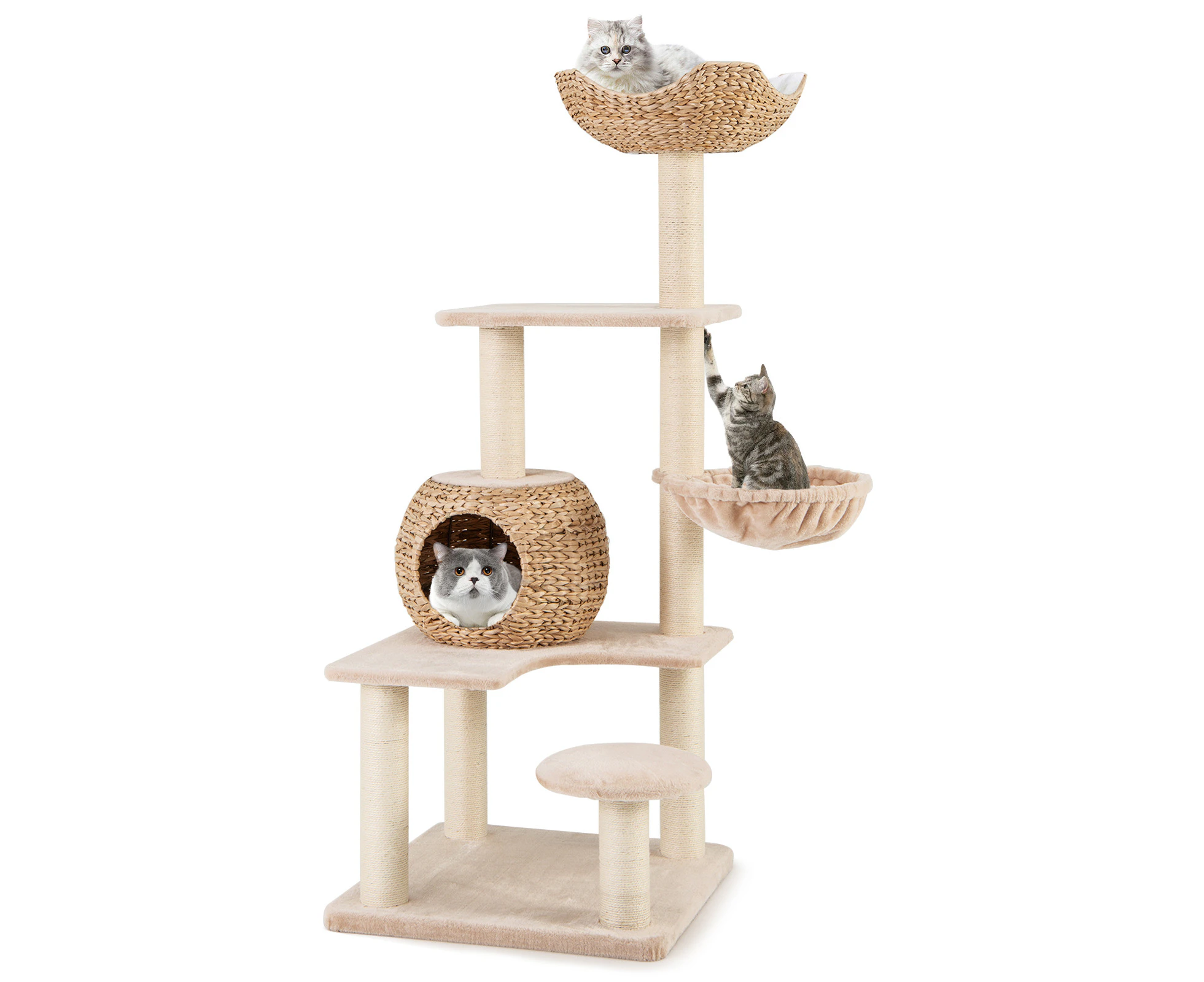 Costway Sisal Cat Scratching Post Comfortable Cat Tower w/Soft Hammock & Washable Cushion Beige