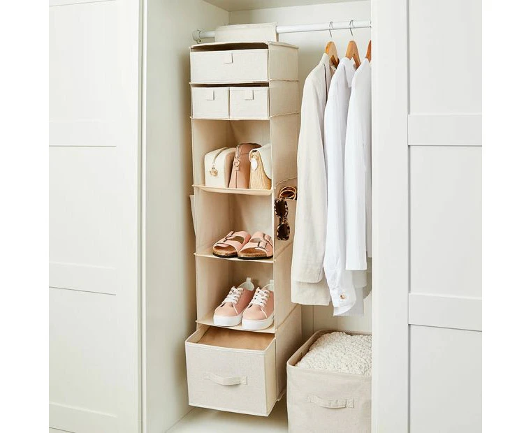 Linen Look Hanging Shelving with Drawers, Beige - Anko