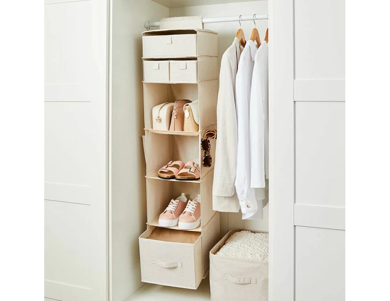 Linen Look Hanging Shelving with Drawers, Beige - Anko