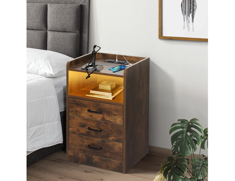 Levede Bedside Table Nightstand USB Charger Outlet RGB LED 3 Drawers Oak