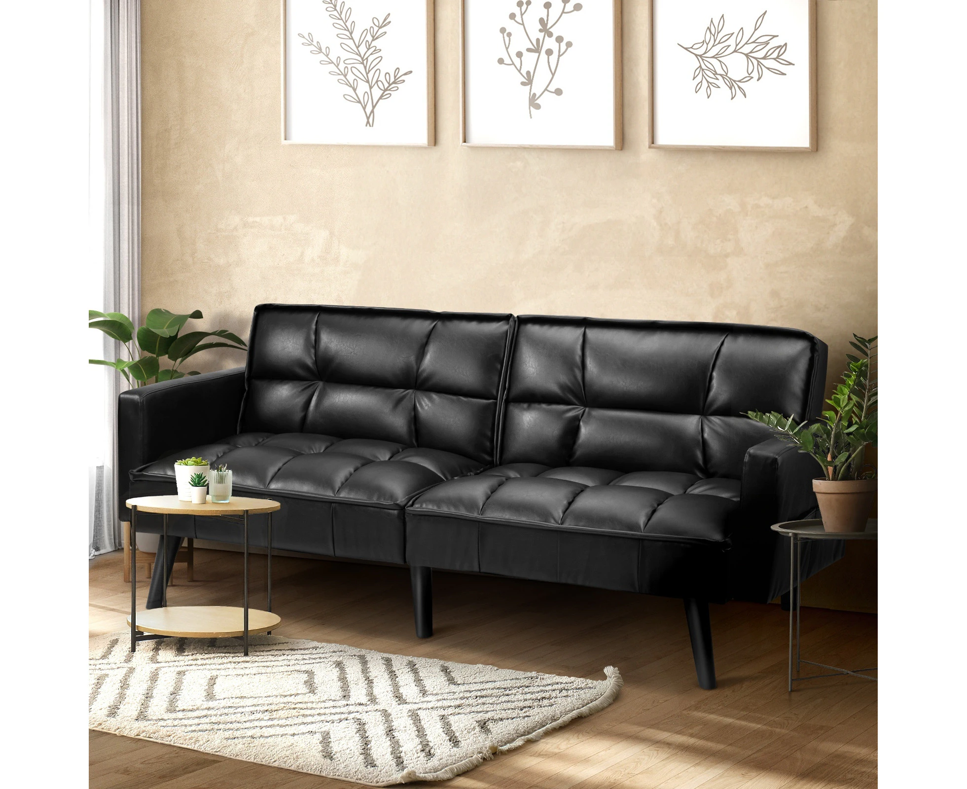 Oikiture Sofa Bed Futon Convertible Leather Lounge Couch 3-Seater Recliner Black