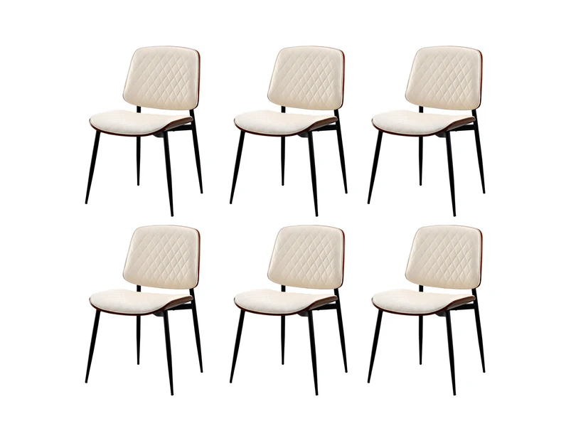 Oikiture 6x Dining Chairs Retro Faux Leather Solid Beech Wood Metal Legs White