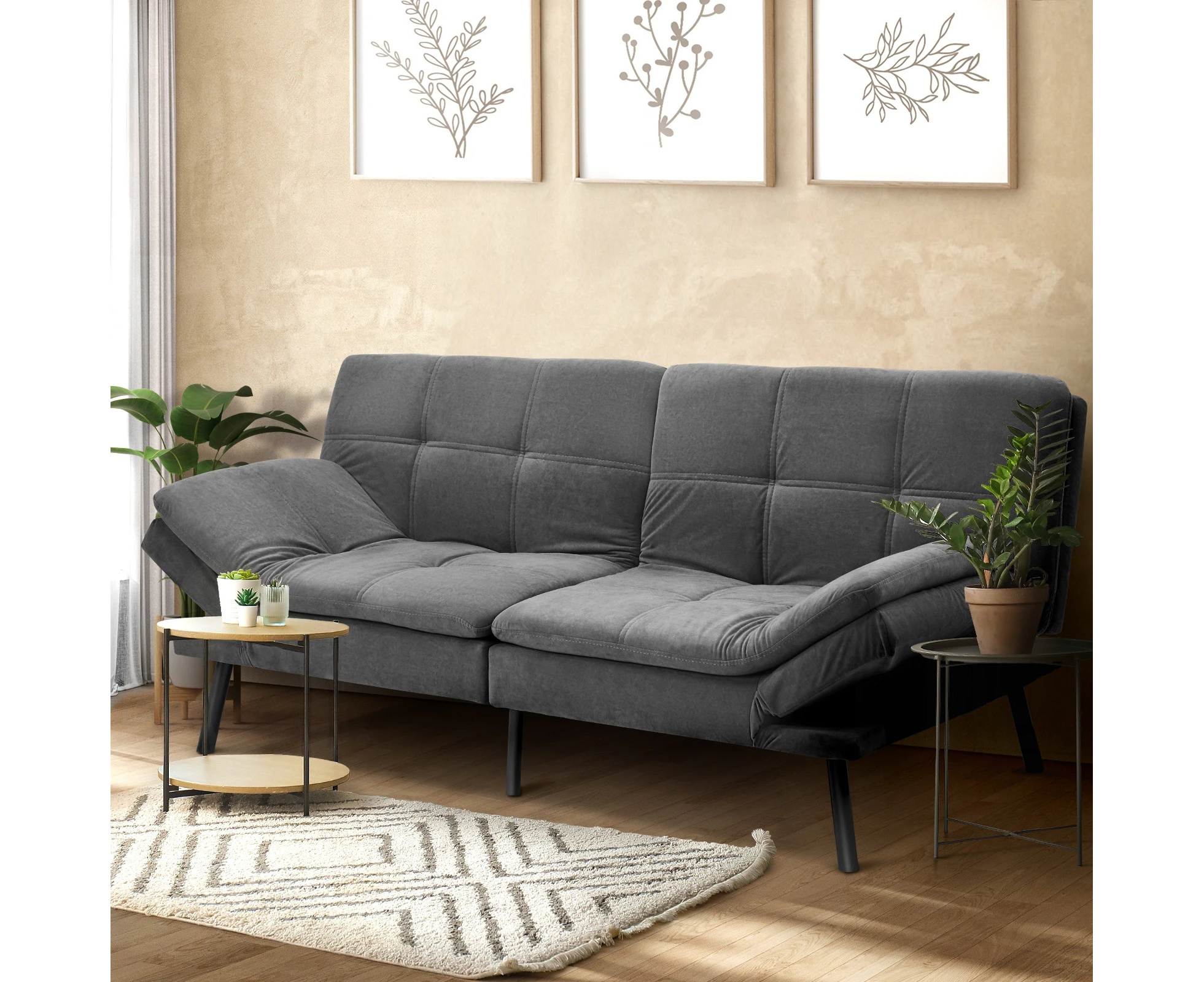 Oikiture Sofa Bed Futon Recliner Lounge Couch Convertible Polyester 3-Seater Grey