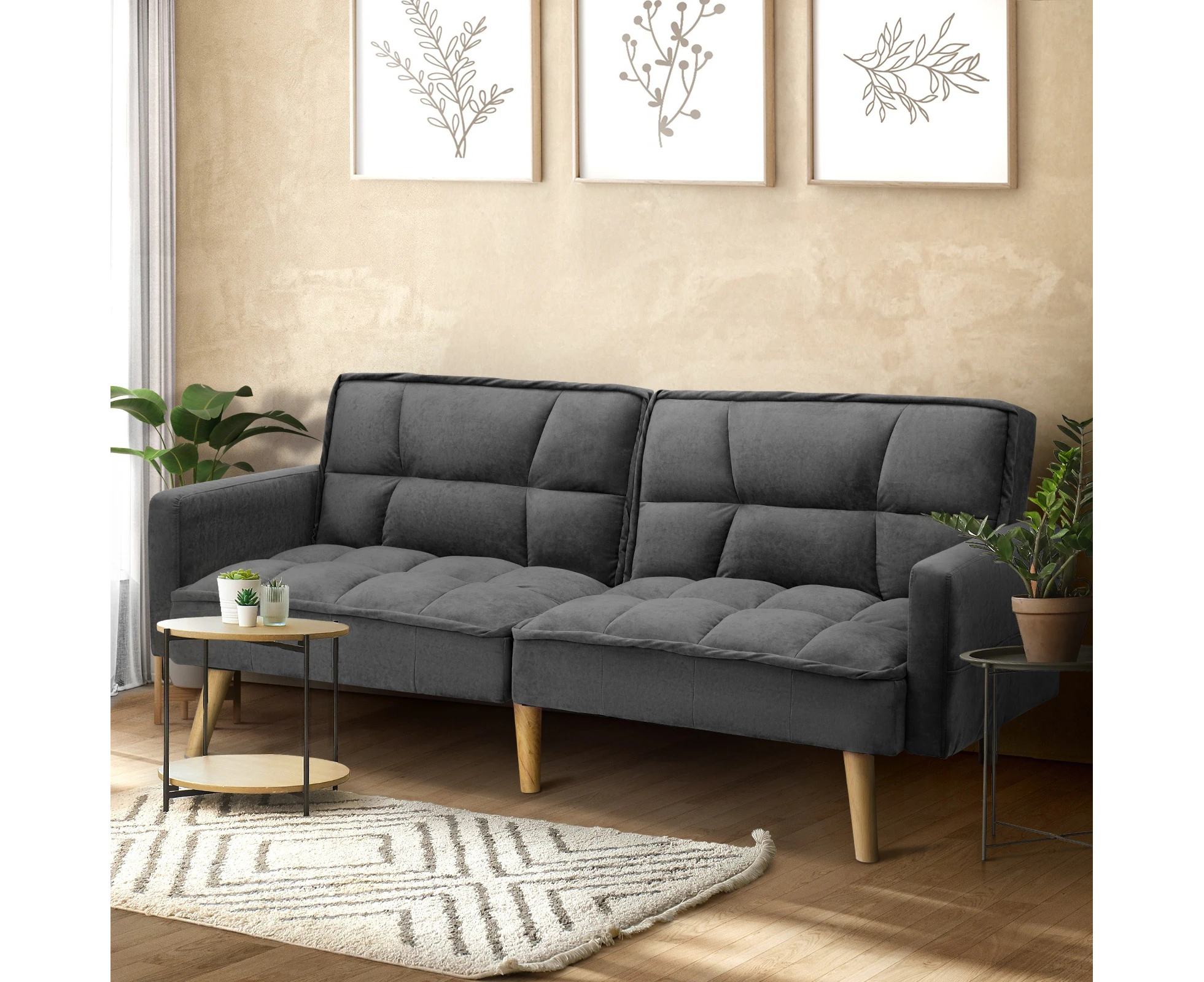 Oikiture Sofa Bed Futon Convertible Velvet Lounge Couch 3-Seater Recliner Grey