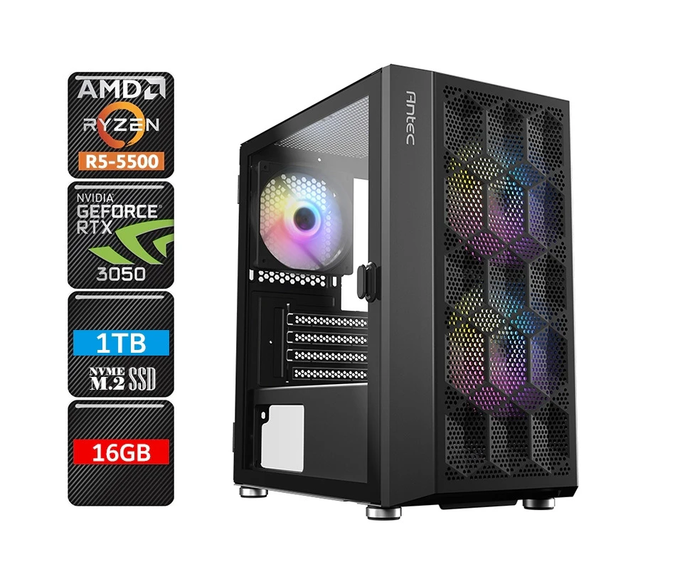 ATG 5500-RTX3050-16G1S-NX200MR-W11P AMD Ryzen 5 5500 RTX 3050 RGB Gaming PC System, 16GB RAM/1TB NVMe SSD/WIFI6/W11P