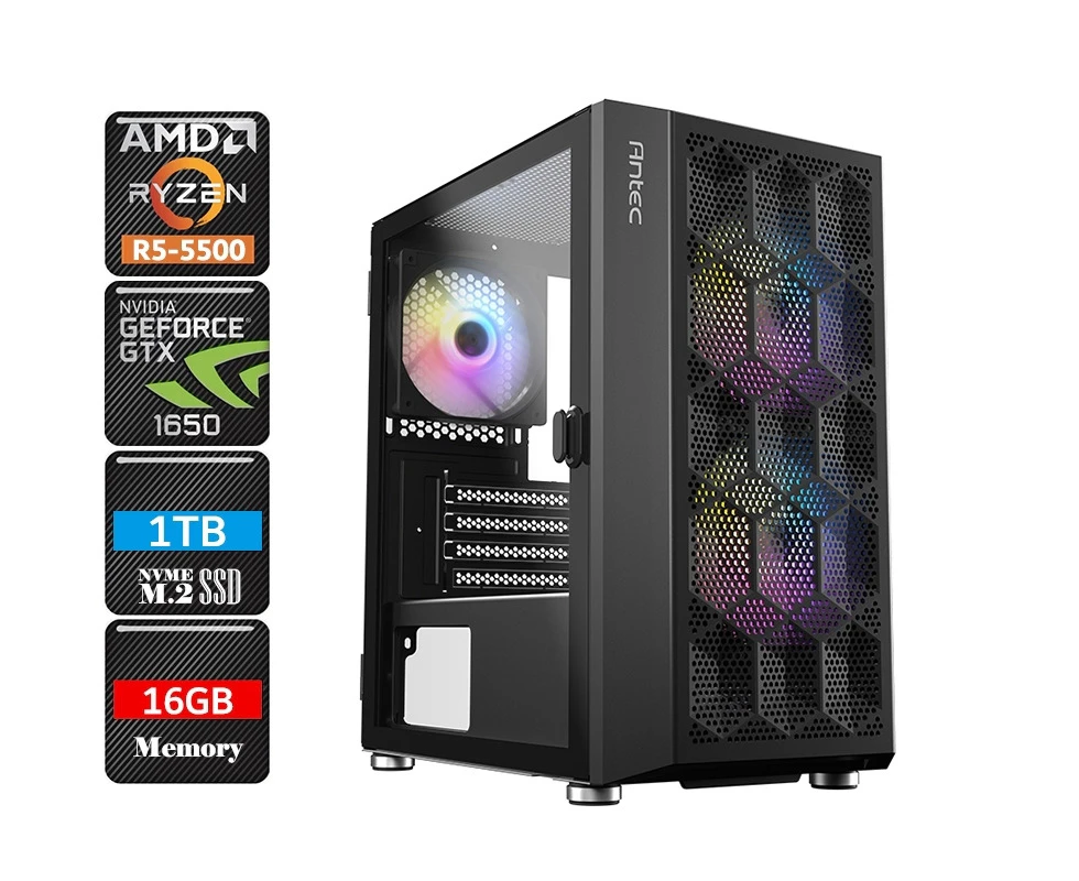 ATG 5500-GTX1650-16G1S-NX200MR-W11P AMD Ryzen 5 5500 GTX 1650 RGB Gaming PC System, 16GB RAM/1TB NVMe SSD/WIFI6/W11P