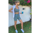 Women's Workout Outfits 4 Piece Seamless Ribbed High Waist Leggings Sport Bra Shorts Exercise Yoga Set, Blue