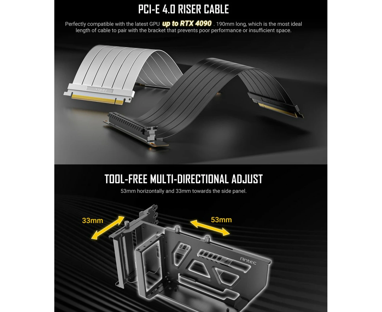 Antec Adjustable Vertical GPU Bracket and PCI-E 4.0 Riser Cable Kit (190mm) White x16 Speed, Gold Plated extreme stability & performance. 4090, 7900xt