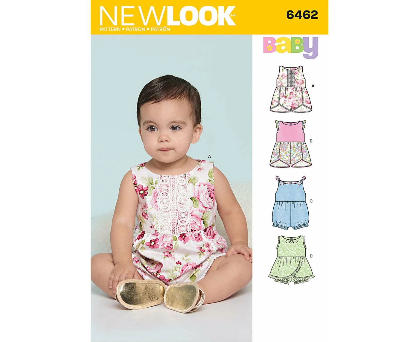 New Look Sewing Pattern 6462 N6462 Babies Romper with Trim Variations