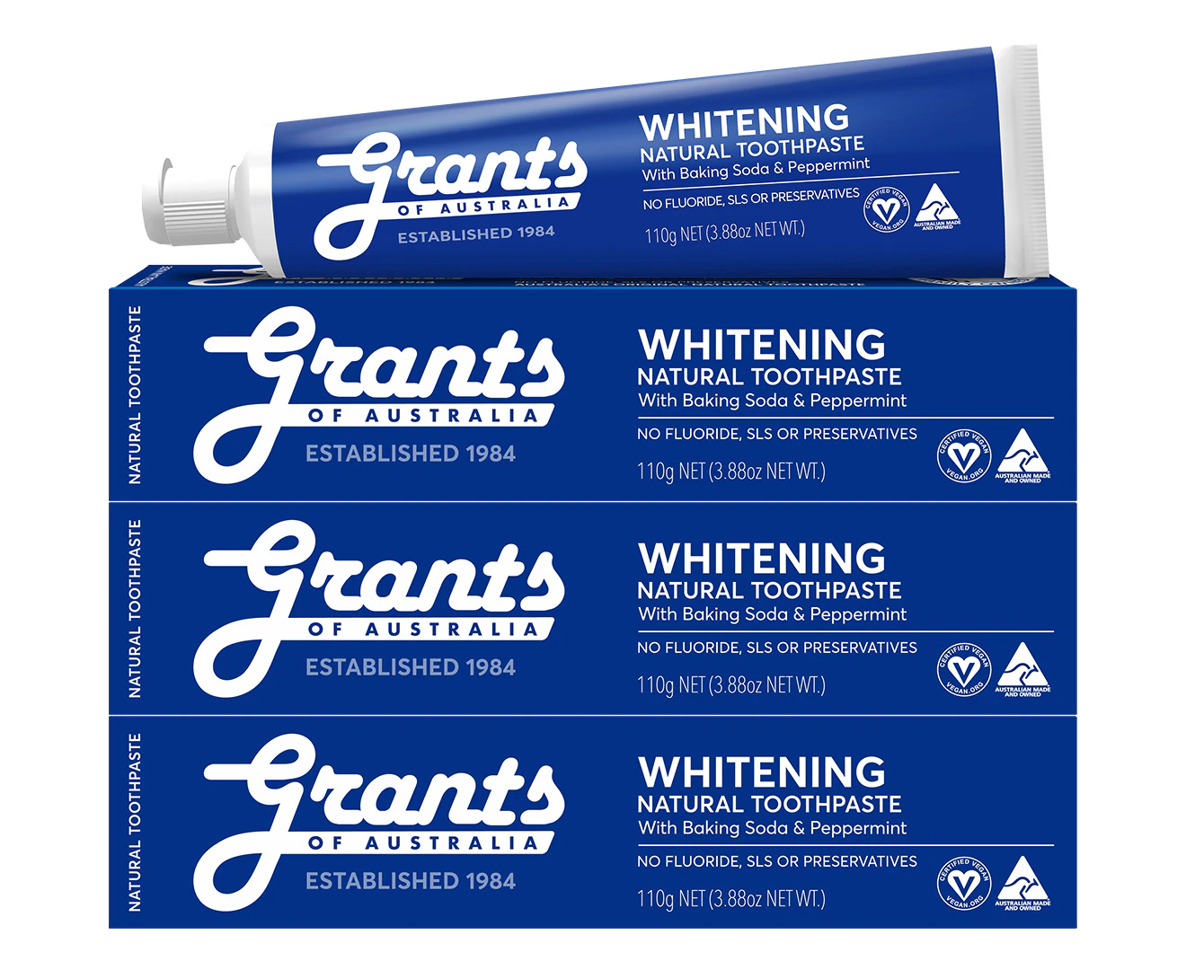 3 x Grants Whitening Natural Toothpaste Peppermint 110g