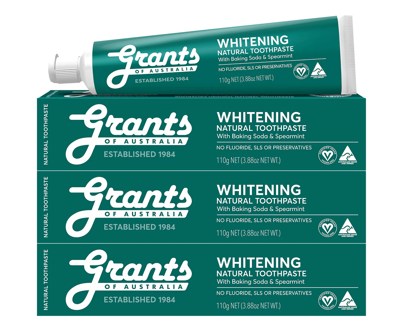 3 x Grants Whitening Natural Toothpaste Spearmint 110g