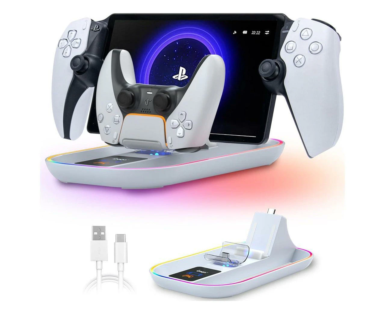 PS5 Portal Charging Station for Playstation Portal Remote Player and PS5 Controller with Charging Cable and RGB Light, Charge Stand Holder Accessories