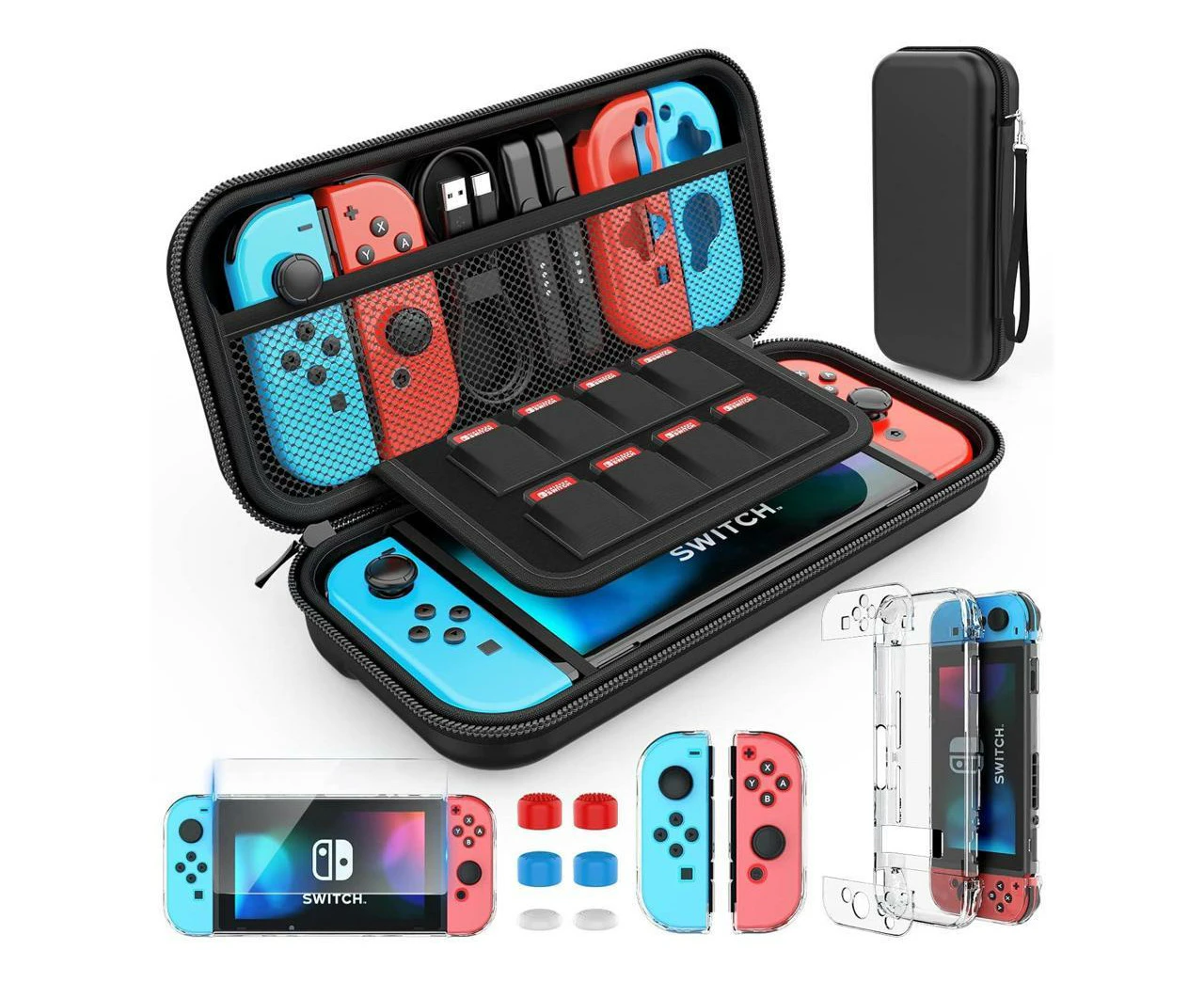 Switch Case for Nintendo Switch, 9 in 1 Switch Accessories kit with Carrying Case, Dockable Protective Case, HD Screen Protector and 6pcs Thumb Grips Cap