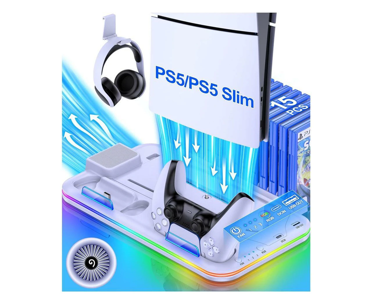 PS5 Slim Stand and Turbo Cooling Station with Controller Charging Station for Playsation 5 with Cooling Fan, RGB LED, Game Slot for PS5 Digital/Disc White