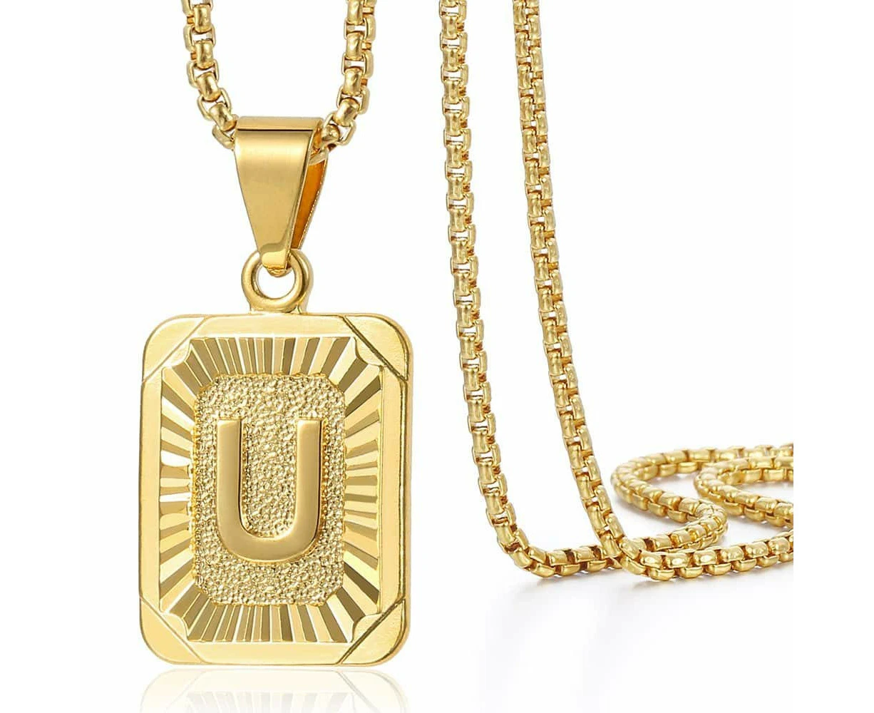 Letter Pendant Necklace Mens Womens Capital Letter Yellow Gold Plated Stainless Steel Box Chain 22inch - U