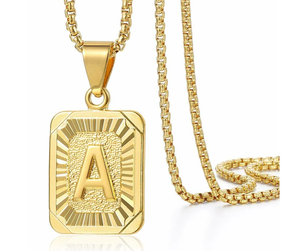 Letter Pendant Necklace Mens Womens Capital Letter Yellow Gold Plated Stainless Steel Box Chain 22inch - A