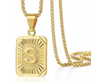 Letter Pendant Necklace Mens Womens Capital Letter Yellow Gold Plated Stainless Steel Box Chain 22inch - S