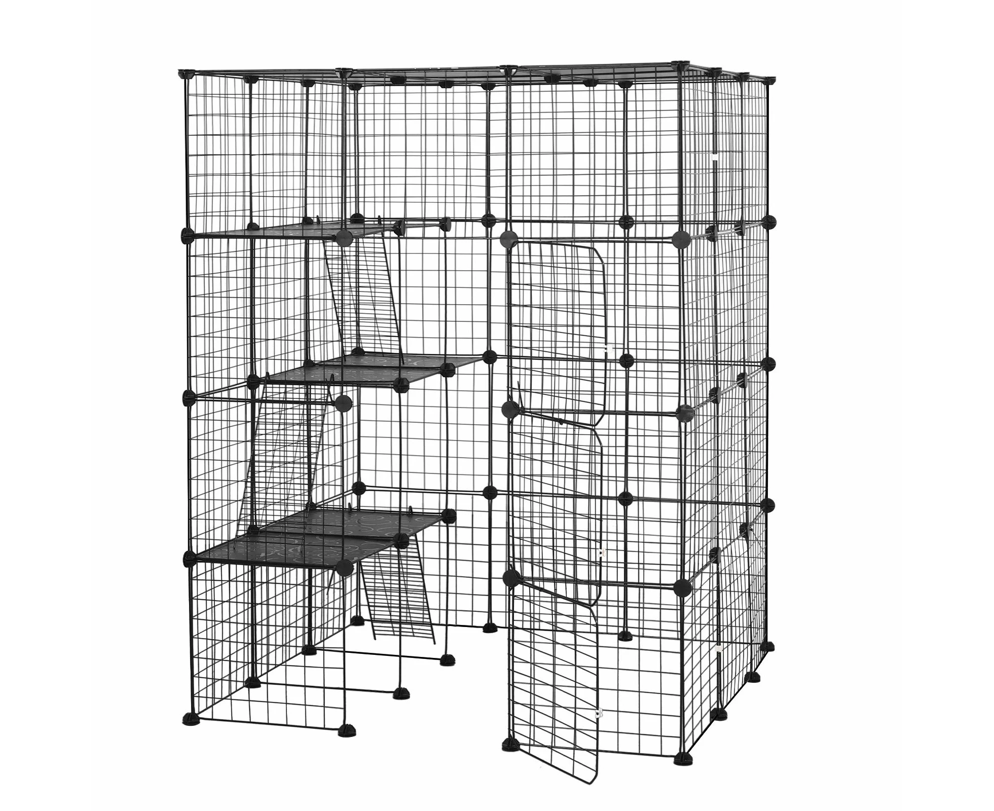 4 Tier Cat Enclosure Cage House XL DIY Metal Rabbit Hutch Ferret Bunny Crate Kitten Fence Kennel Playpen 3 Platforms 3 Ramps