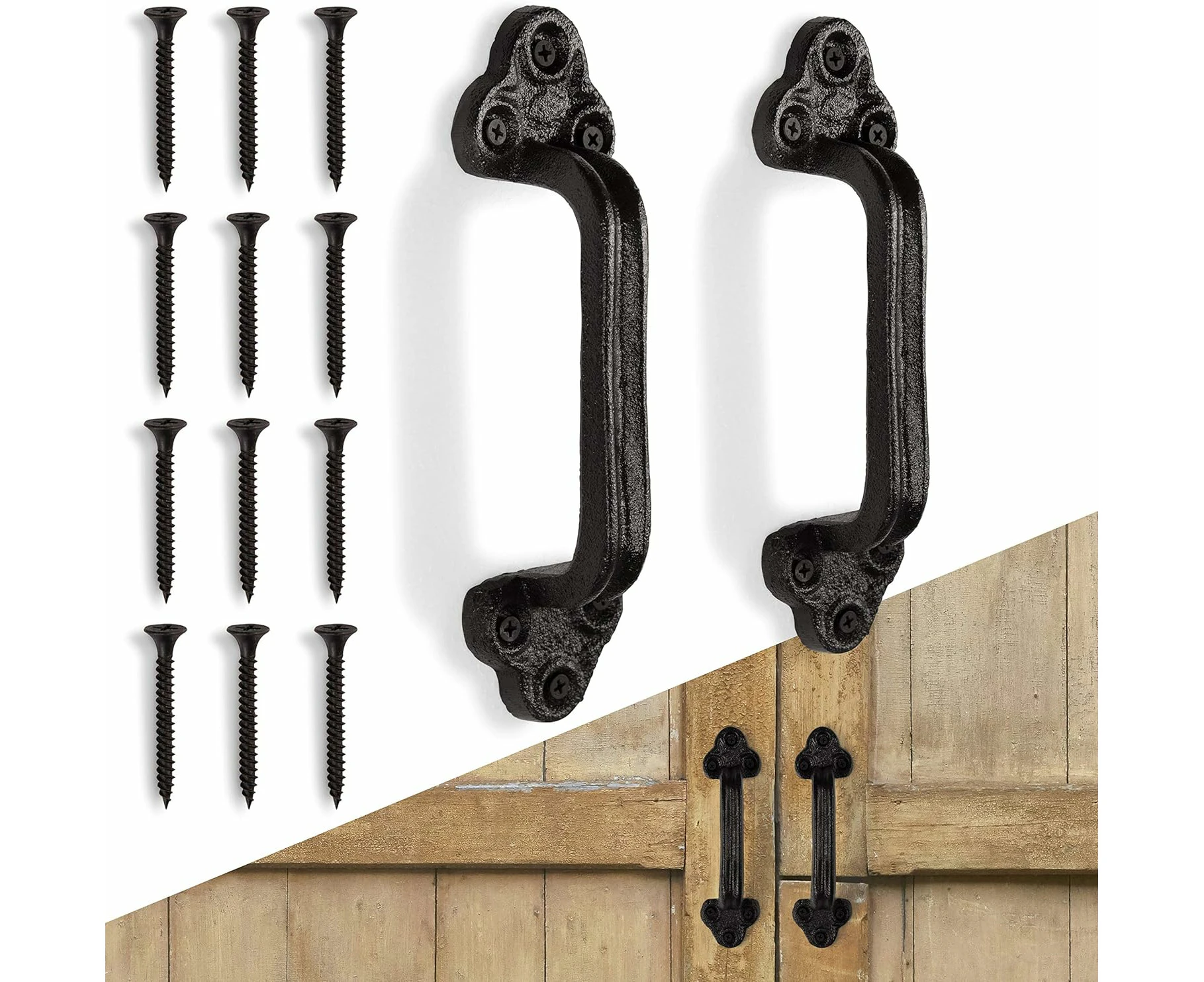 Large Barn Door Handles (Set of 2) Black Rustic Cast Iron Gate Handles - Farmhouse Decor Metal Grab Bar, Strong Closet Sliding Door Pull - 9 inches