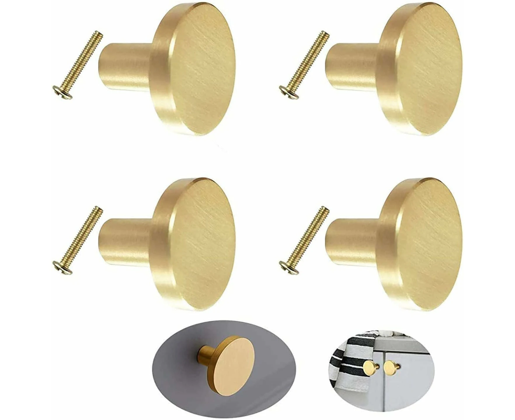 Furniture knob, Gold, Cabinet knobs, Brass Handles for Drawers, Round, 28 mm Hardware, Solid Brass, Round Single-Hole Small Handle, (4 Pieces)