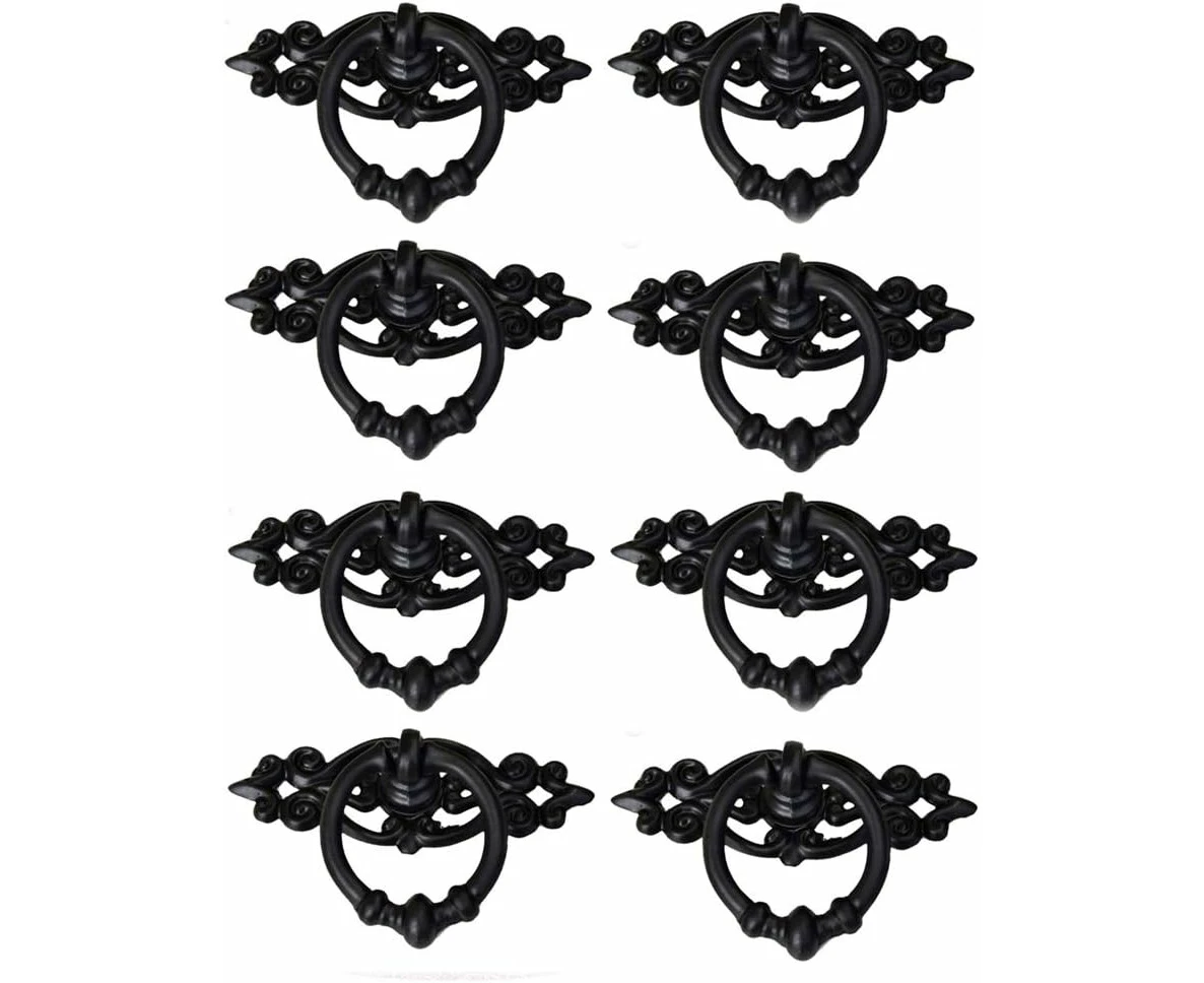 8Pcs Vintage Pull Handle, Retro Ring Handle, Antique Zinc Alloy Pull Handles Knobs for Cabinet, Drawer, Gate, Wardrobe, Cupboard - Black