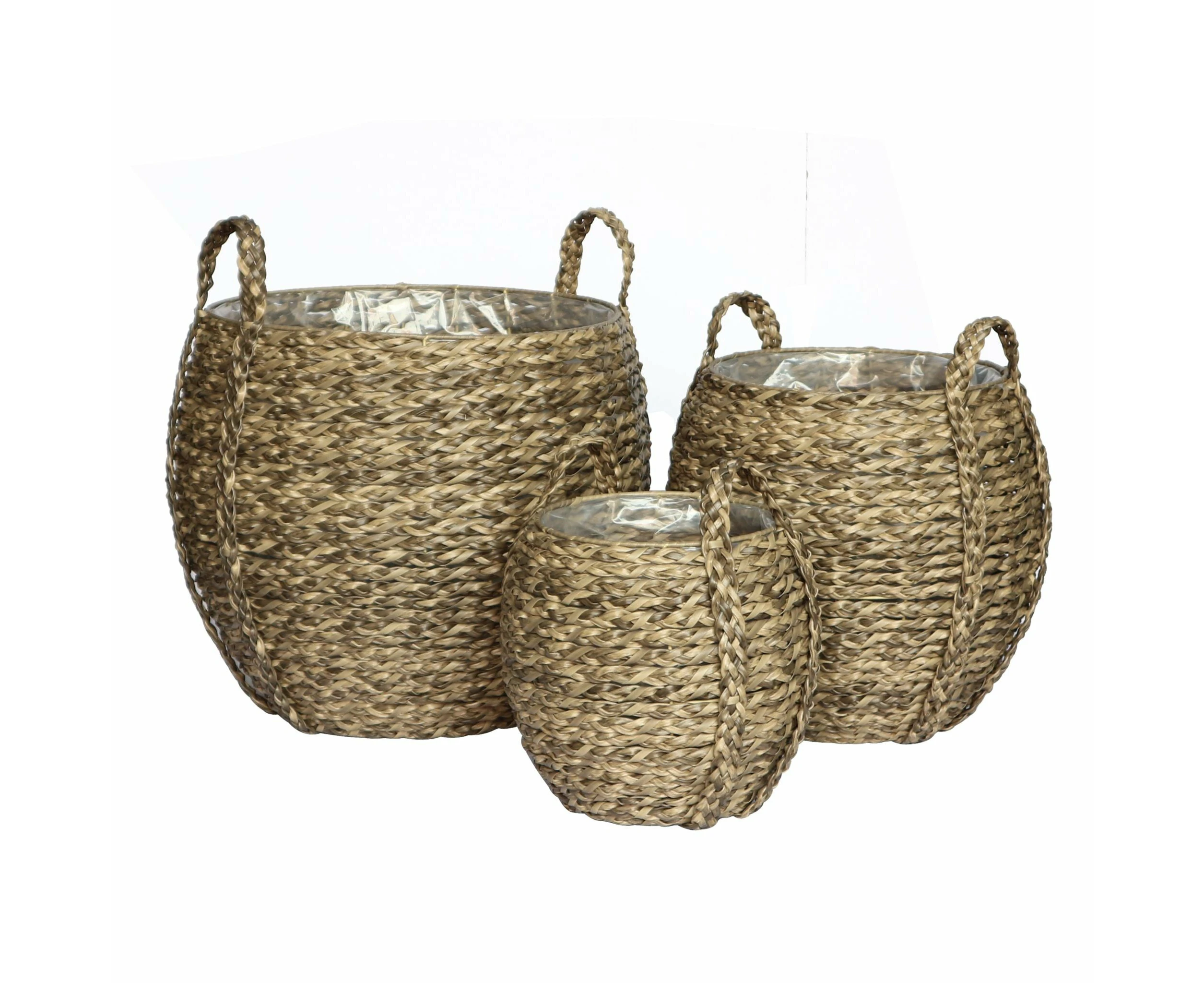 MENDES 3 Piece Set Poly Rattan Wicker Large Planter Basket - Natural Grey Brown