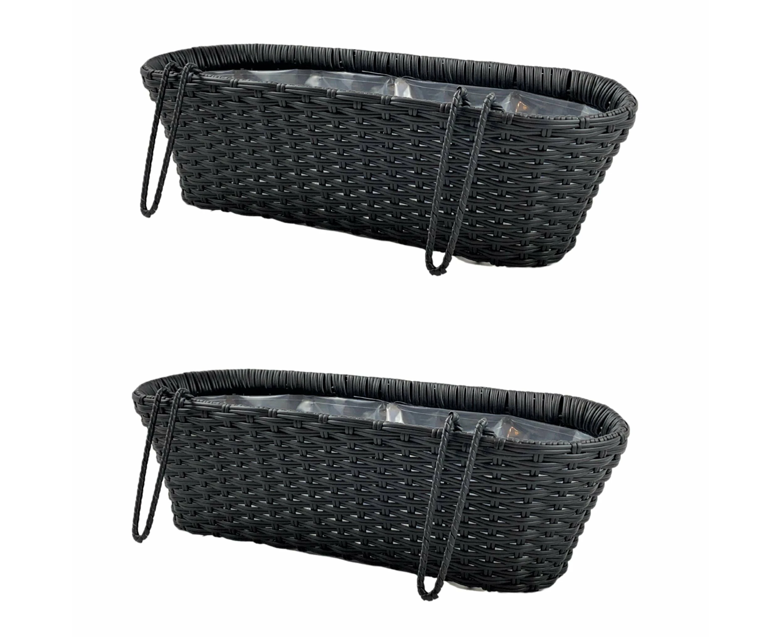 CLAUDE 2 Piece Set Poly Rattan Wicker Hanging Planter Wall Basket - Black