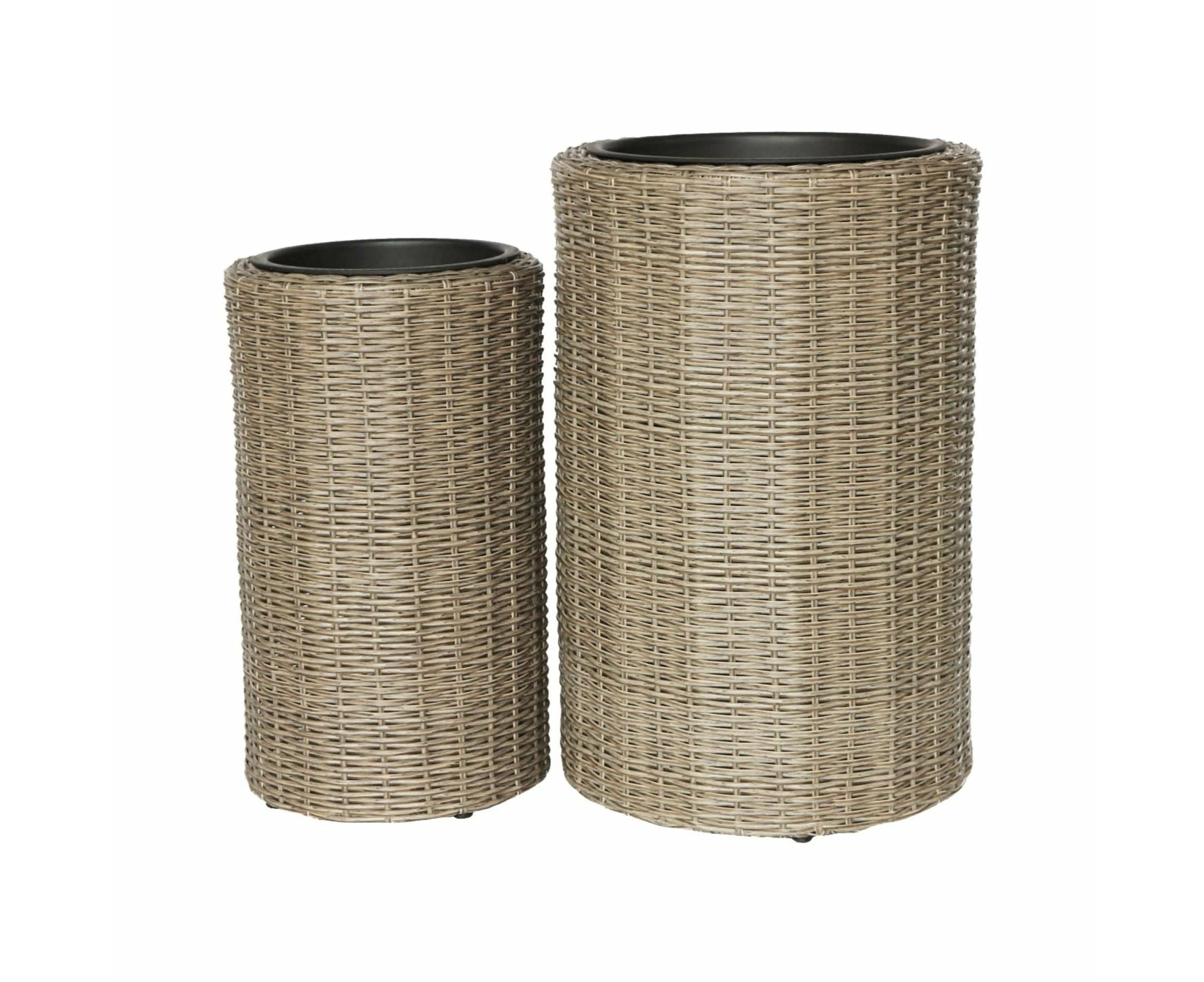 Olmo Tall Round Outdoor Wicker Poly Rattan Planter Pots Garden Plant Flower Pot Large Set 2 Pcs - Natural Light Brown.