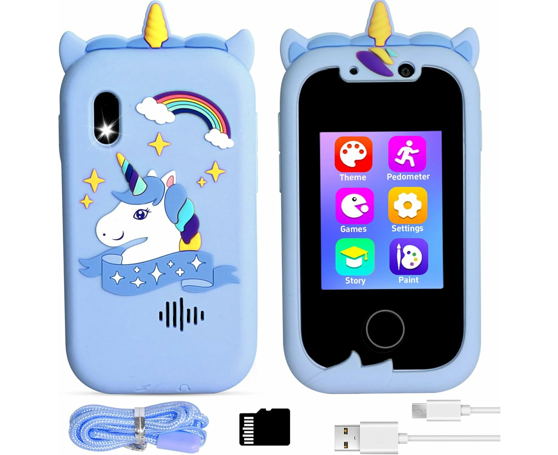 Kids Smart Phone,Unicorn Toys Phone with MP3 Music Player,Kids Toy Smartphone with Puzzle Games,Dual Camera with 32G Card,Birthday Gifts for Age 5+ -Blue