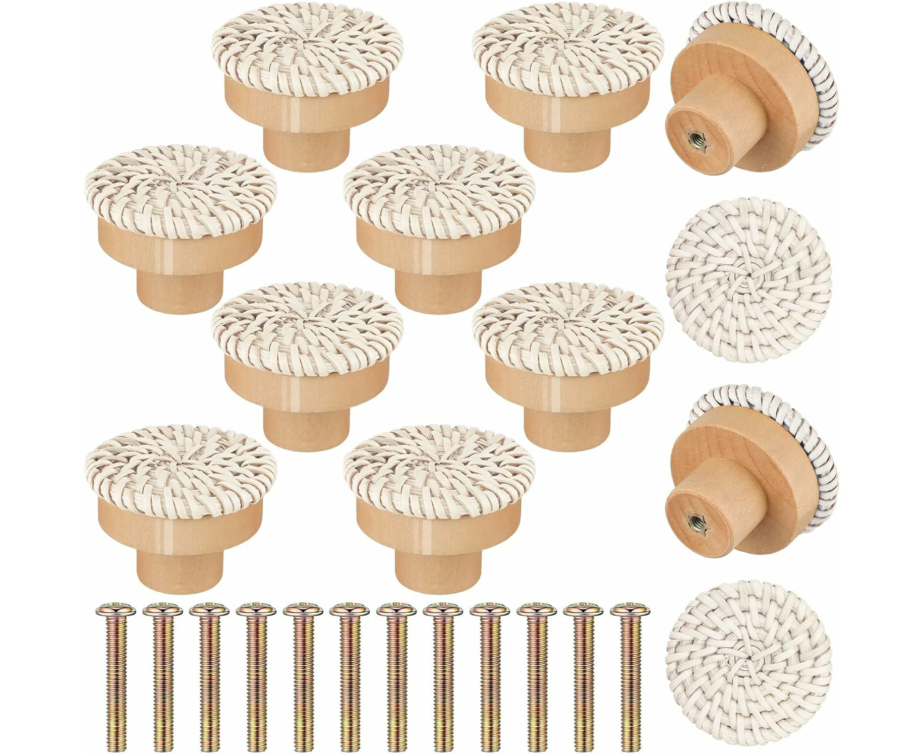 6pcs Rattan Dresser Knobs Round Wooden Drawer Knobs Handmade Wicker Woven and Screws for Furniture Knobs Cabinets Dresser Handles Hardware Pulls