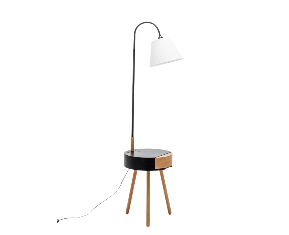 New Oriental Zoltan Rubberwood Floor Lamp On Side Table Linen Shade W/ USB Port Charging - Off White/Black