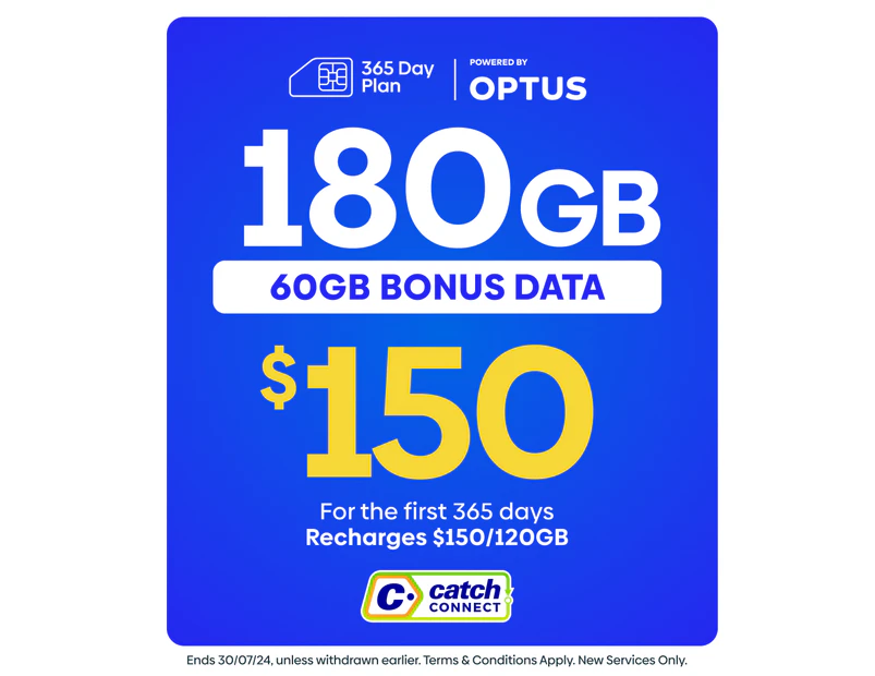 Catch Connect 365 Day Mobile Plan - 180GB (Bonus 60GB Data)