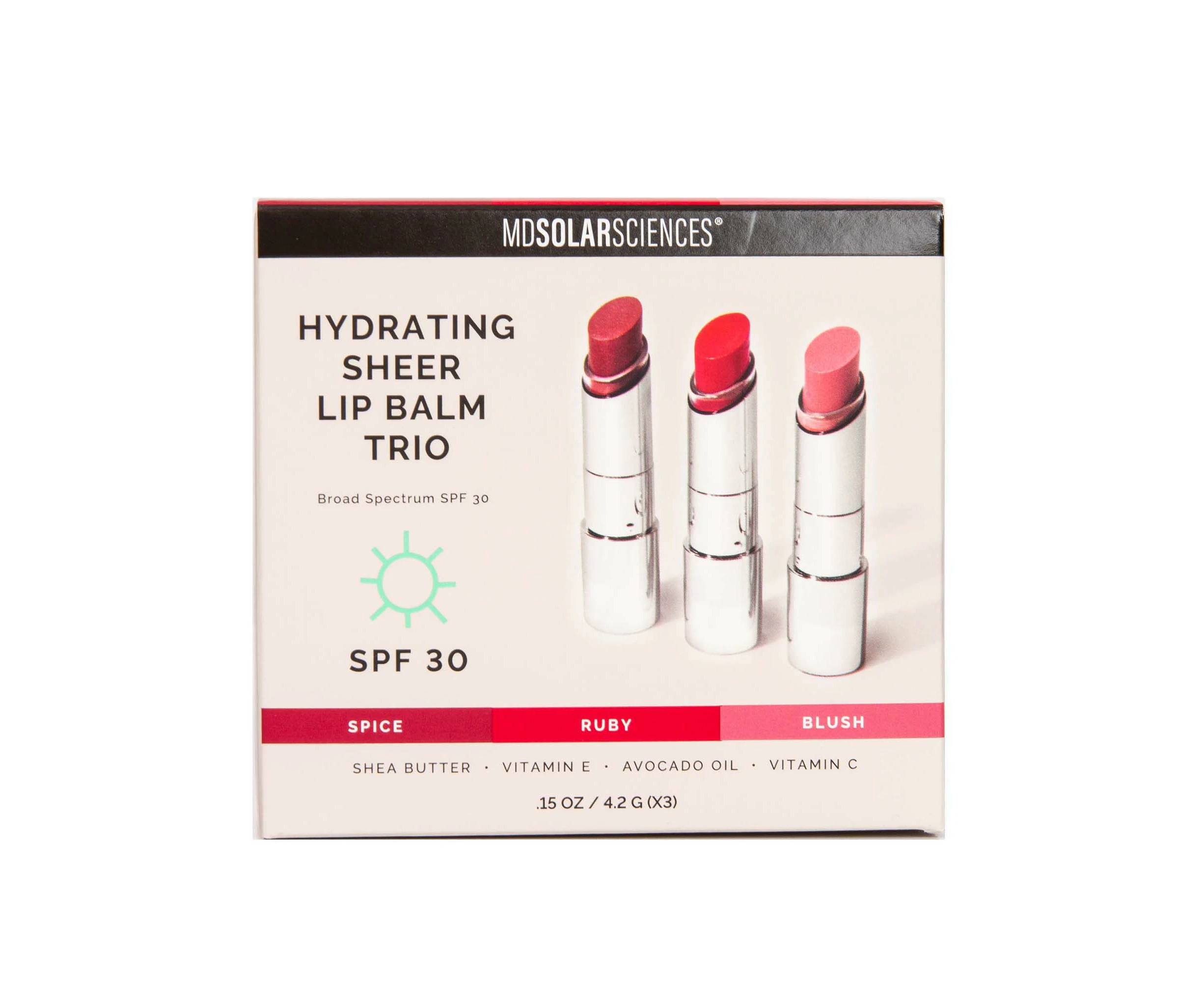 Hydrating Sheer Lip Balm Trio SPF 30 by MDSolarSciences for Women - 3 Pc 0.15oz Lip Balm - Spice, 0.15oz Lip Balm - Ruby, 0.15oz Lip Balm - Blush