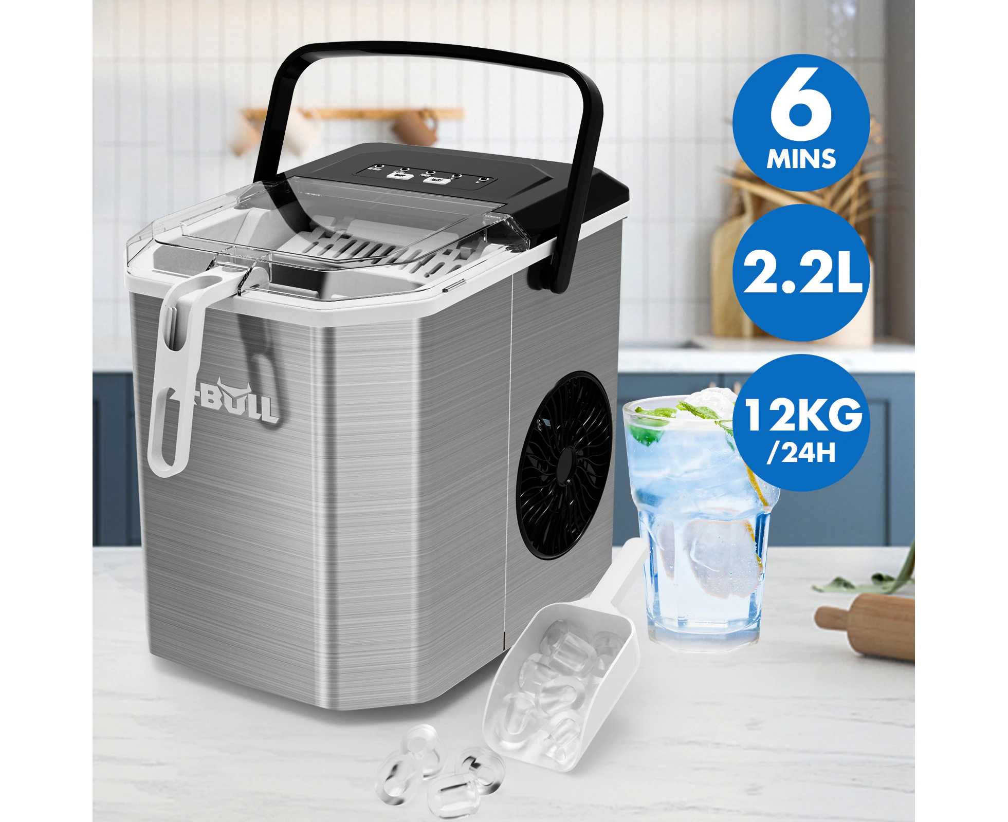 X-BULL Portable Ice Maker Commercial Ice Cube Machine 2.2L Stainless Steel Home