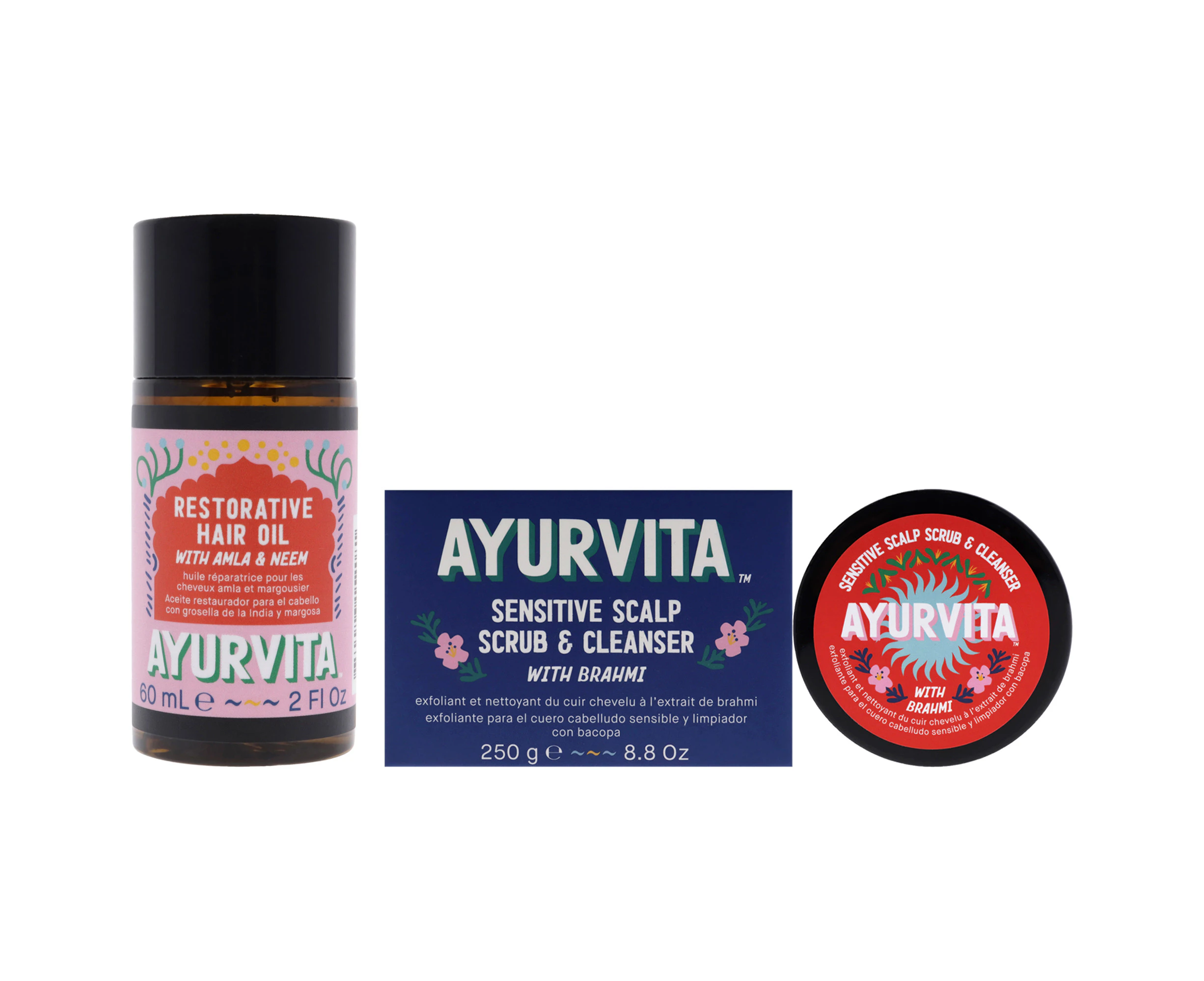 Amla and Neem Restorative Hair Oil with Brahmi Sensitive Scalp Scrub and Cleanser Kit by AyurVita for Unisex - 3 Pc Kit 2 x 2oz Oil, 8.8oz Cleanser