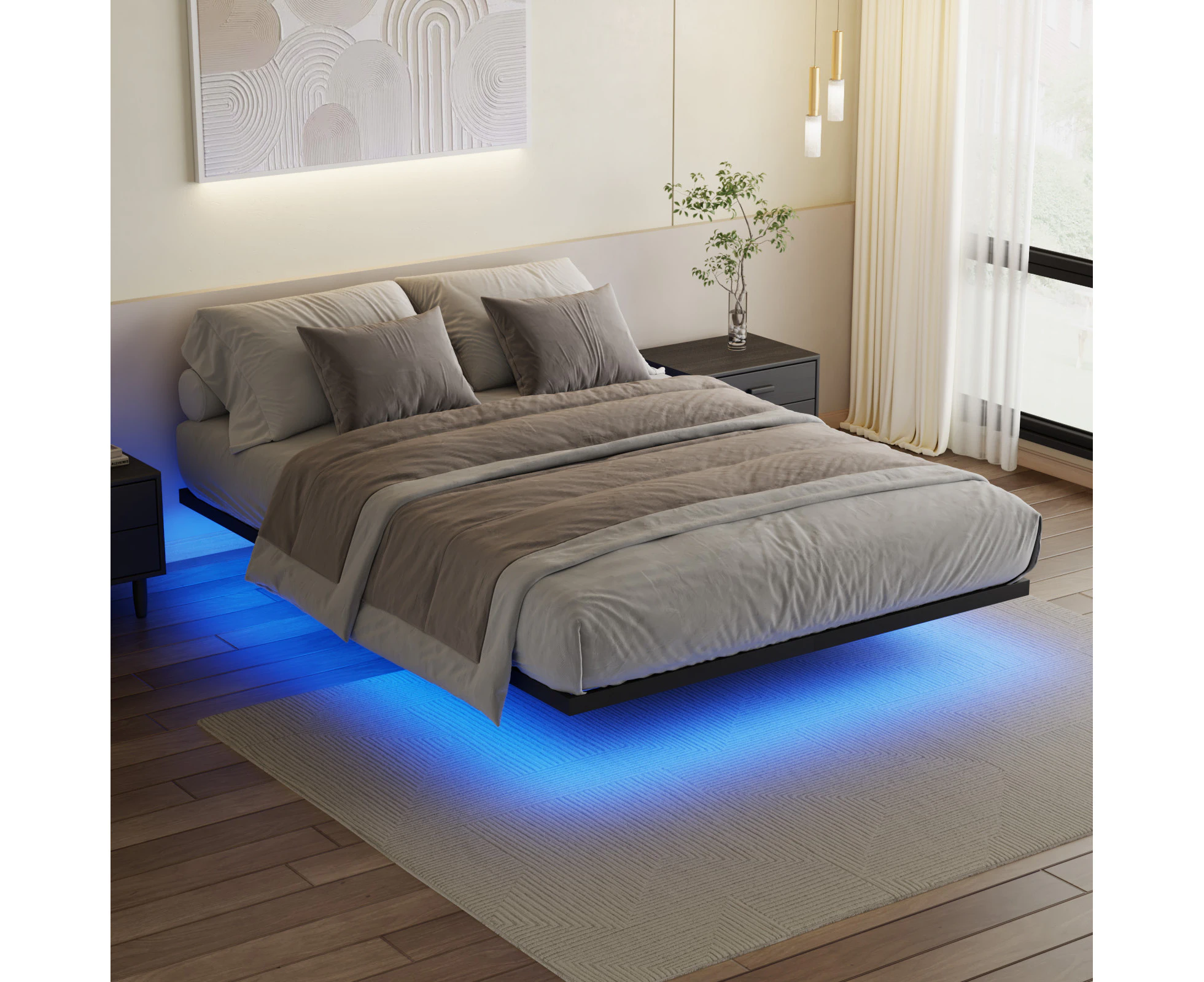 Ufurniture Floating Bed Frame Double Size with LED Lights, Metal Platform Double Bed, No Box Spring Needed, Easy to Assemble