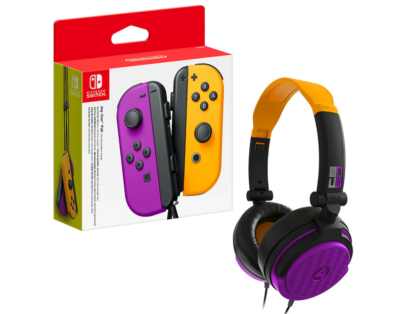 Nintendo Switch Joy-Con Controller Set with 4Gamers C6-50 Wired Gaming Headset Neon Orange and Purple Bundle