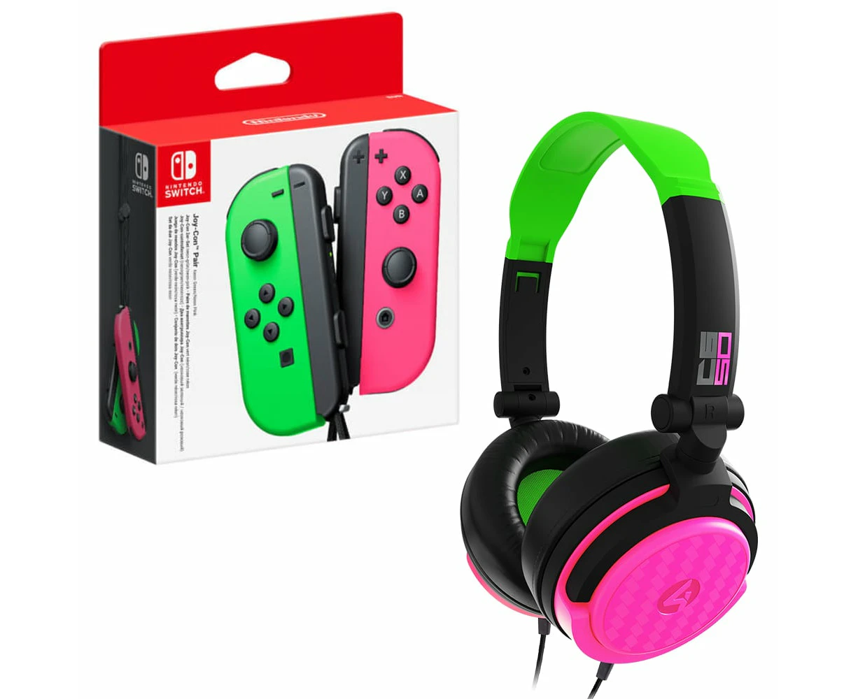 Nintendo Switch Joy-Con Controller Set with 4Gamers C6-50 Wired Gaming Headset Neon Green and Pink Bundle