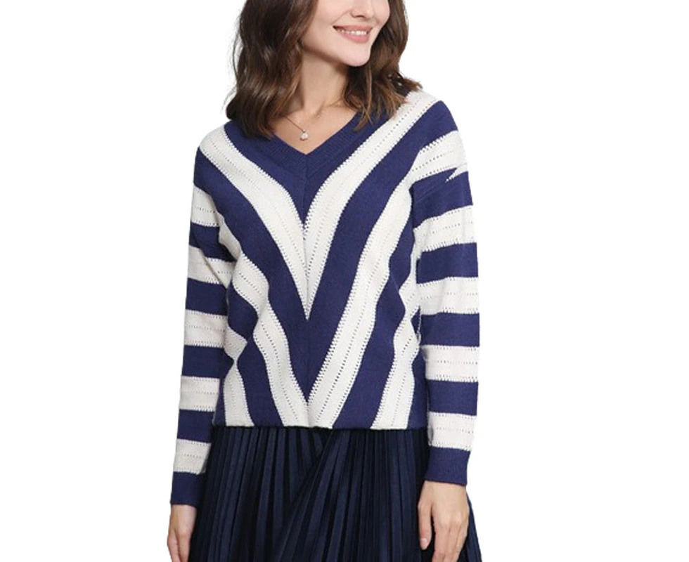 Deep V Neck Color Block Striped Sweater for Women Long Sleeve Knit Pullover Tops - Navy Blue - Navy