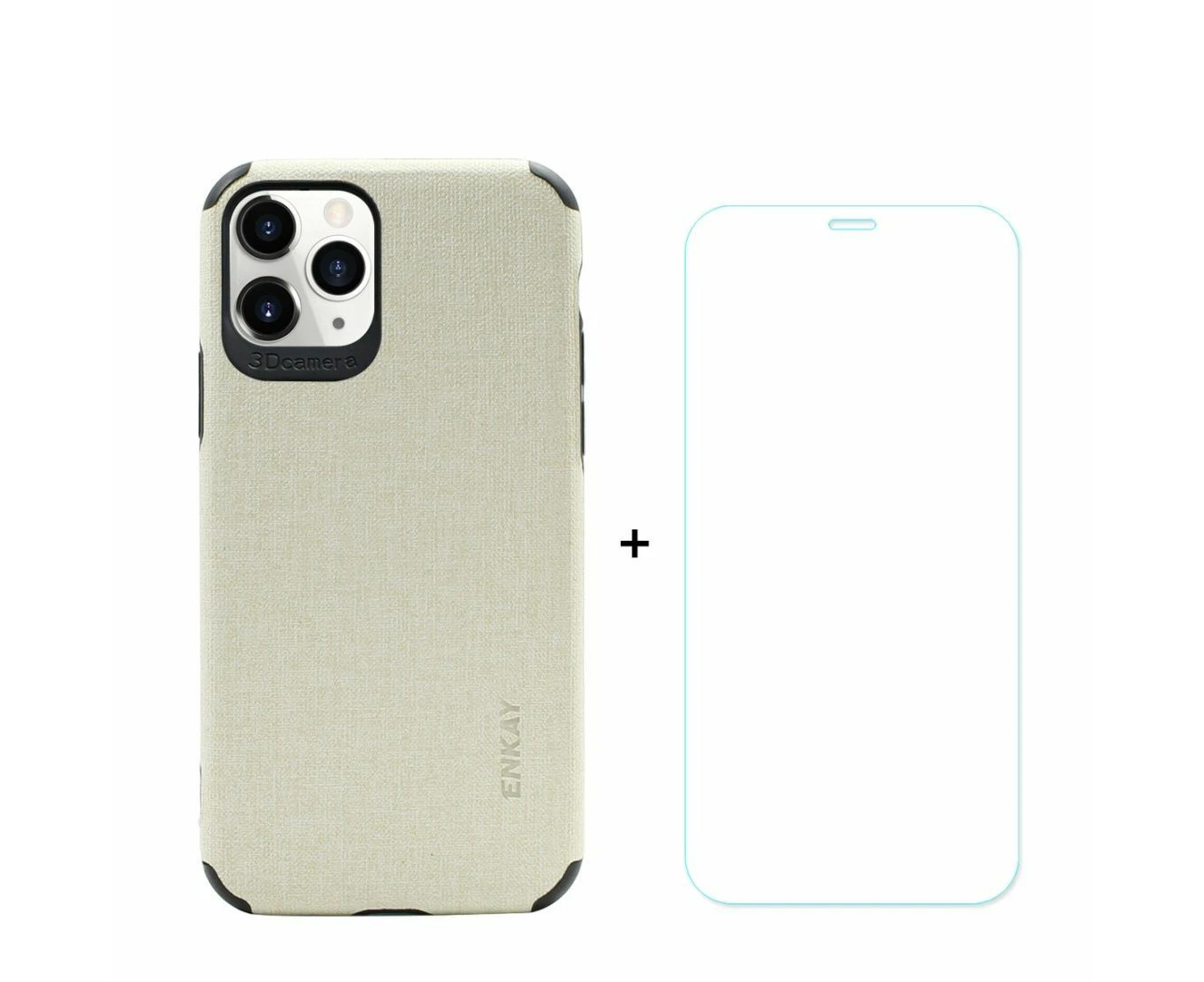 For iPhone 11 Pro Case Denim Texture Beige & Tempered Glass Screen Protector