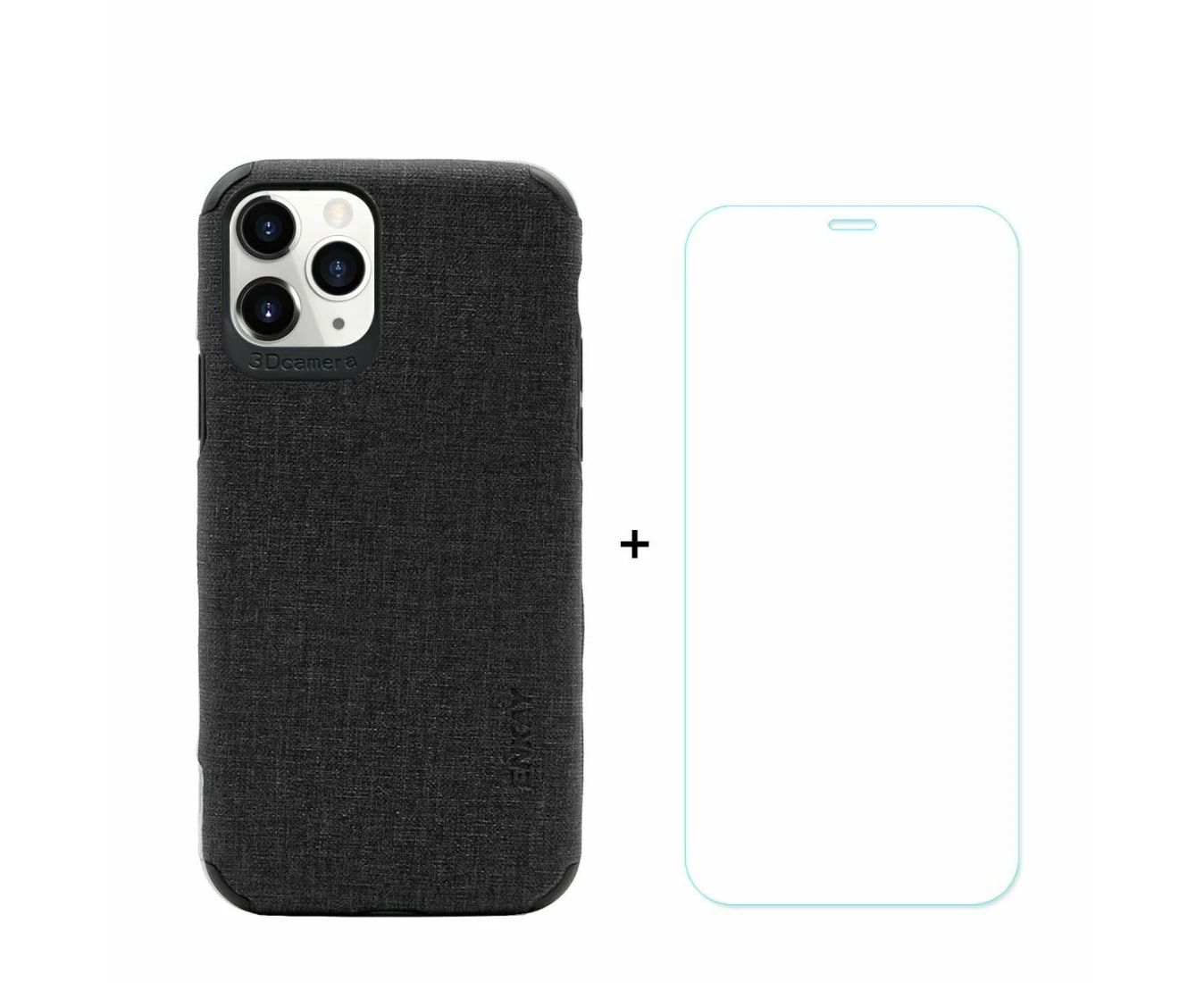 For iPhone 11 Pro Max Case Denim Texture Black & Tempered Glass Screen Protector