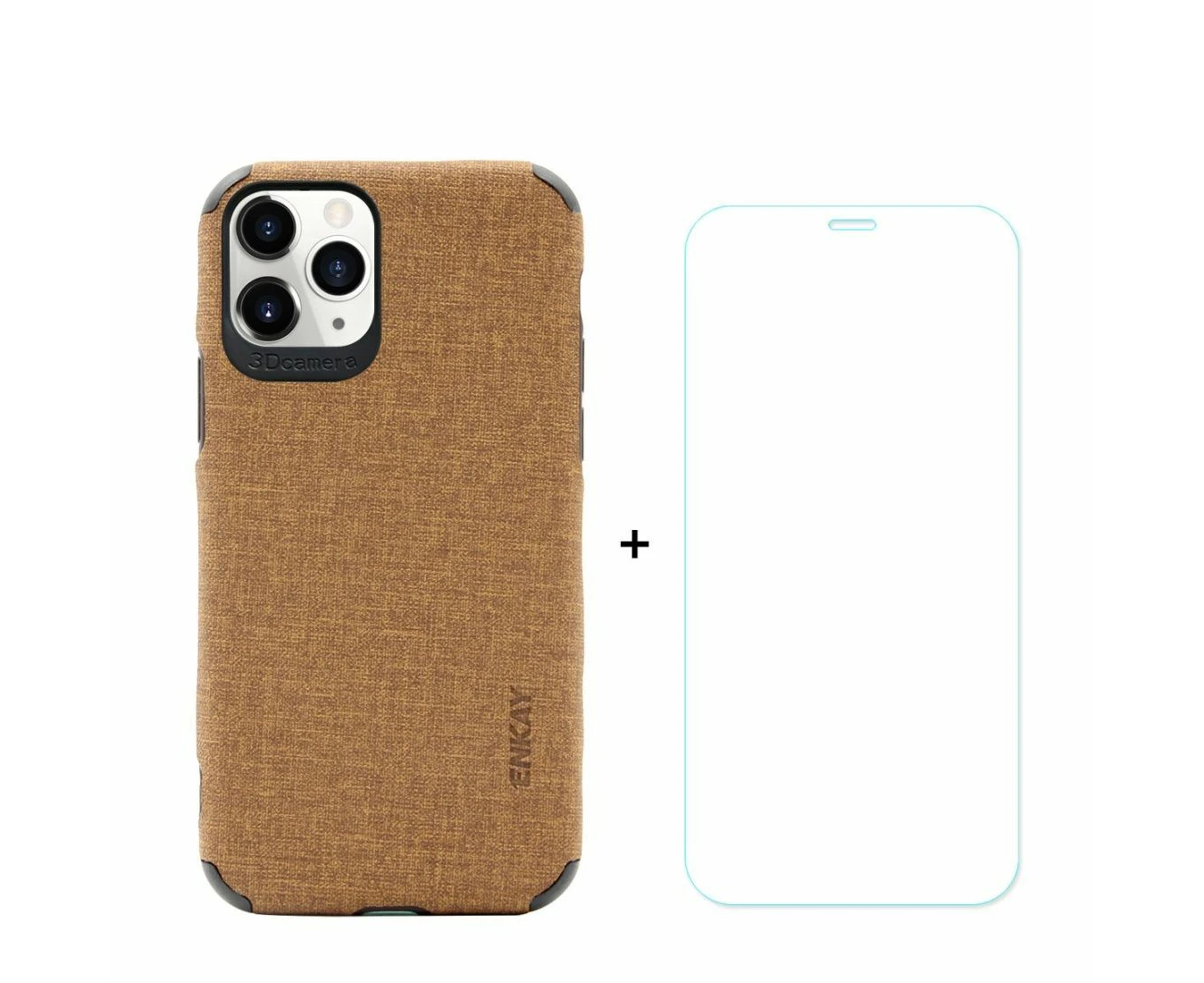 For iPhone 11 Pro Case Denim Texture Brown & Tempered Glass Screen Protector