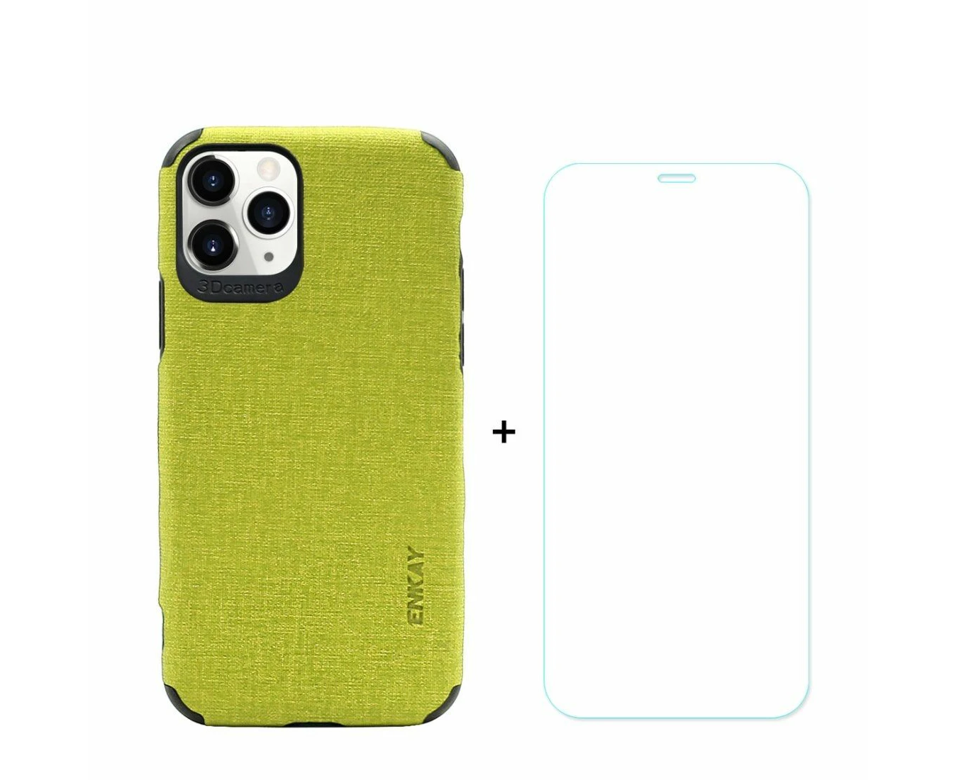 For iPhone 11 Pro Max Case Denim Texture Green & Tempered Glass Screen Protector